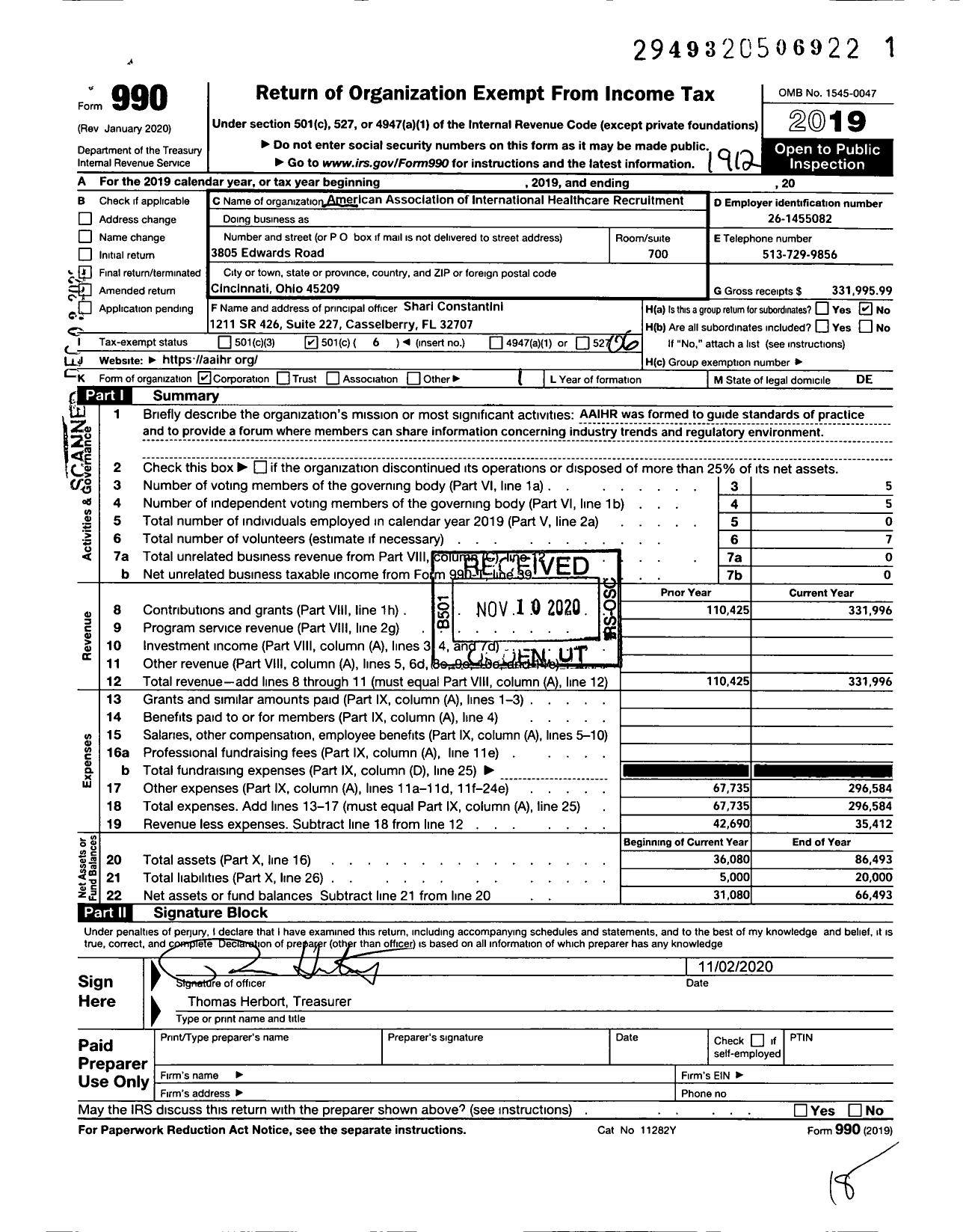 Image of first page of 2019 Form 990O for American Association of International Healthcare Recruitment