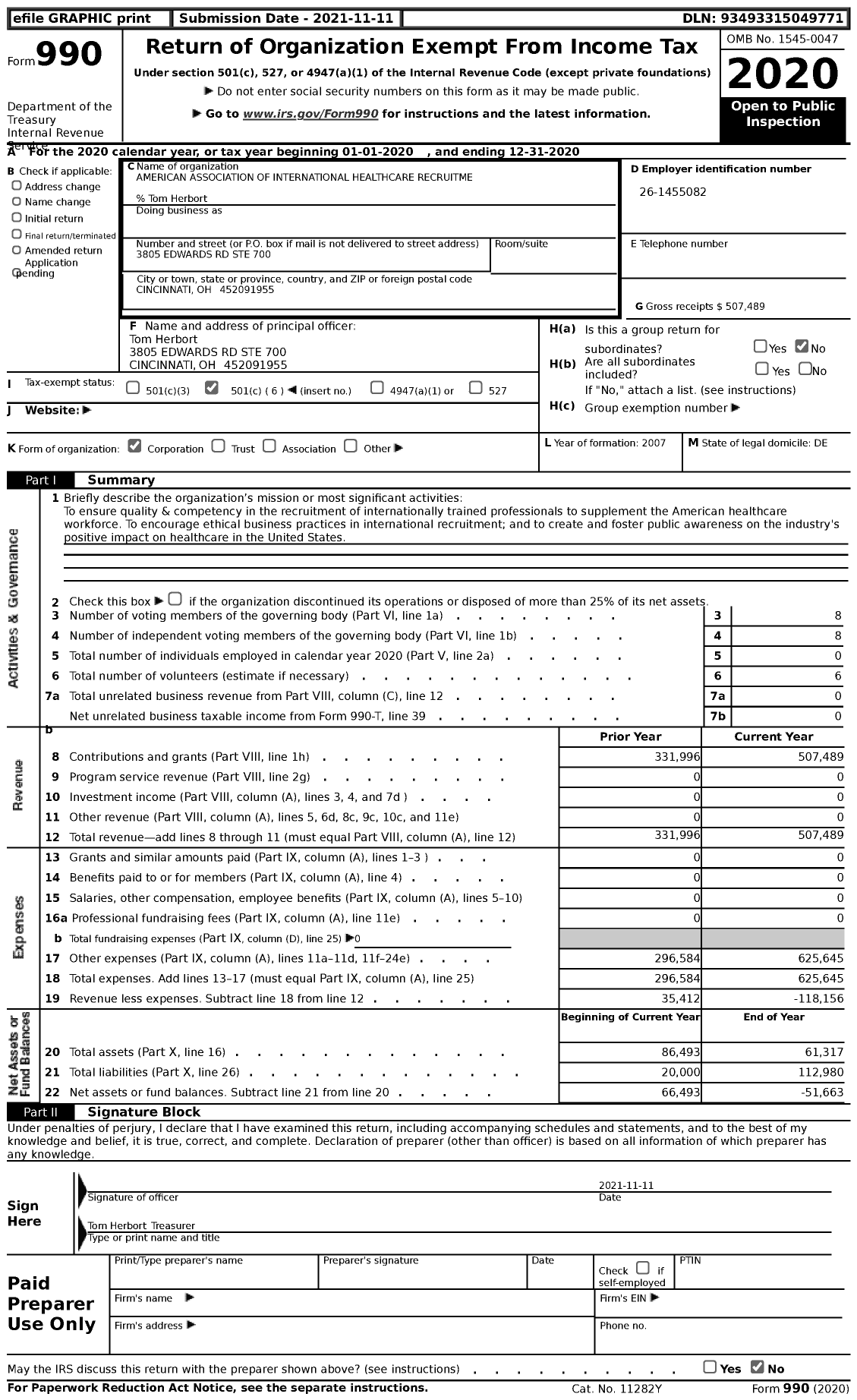 Image of first page of 2020 Form 990 for American Association of International Healthcare Recruitment