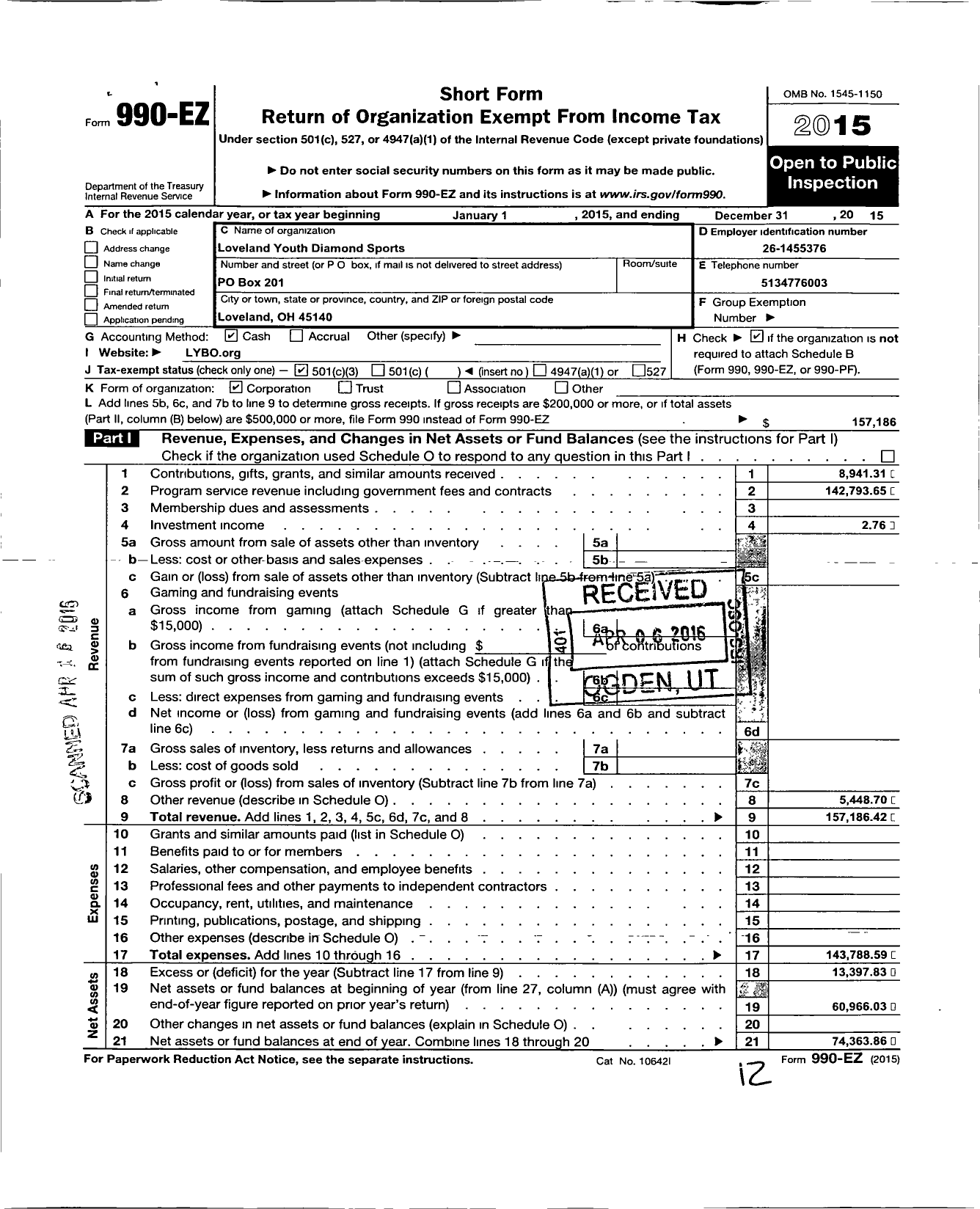 Image of first page of 2015 Form 990EZ for Loveland Youth Diamond Sports