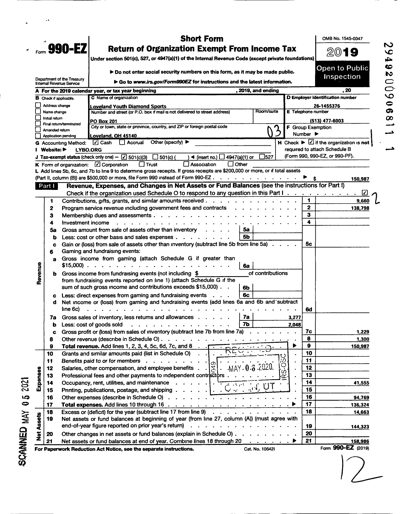 Image of first page of 2019 Form 990EZ for Loveland Youth Diamond Sports
