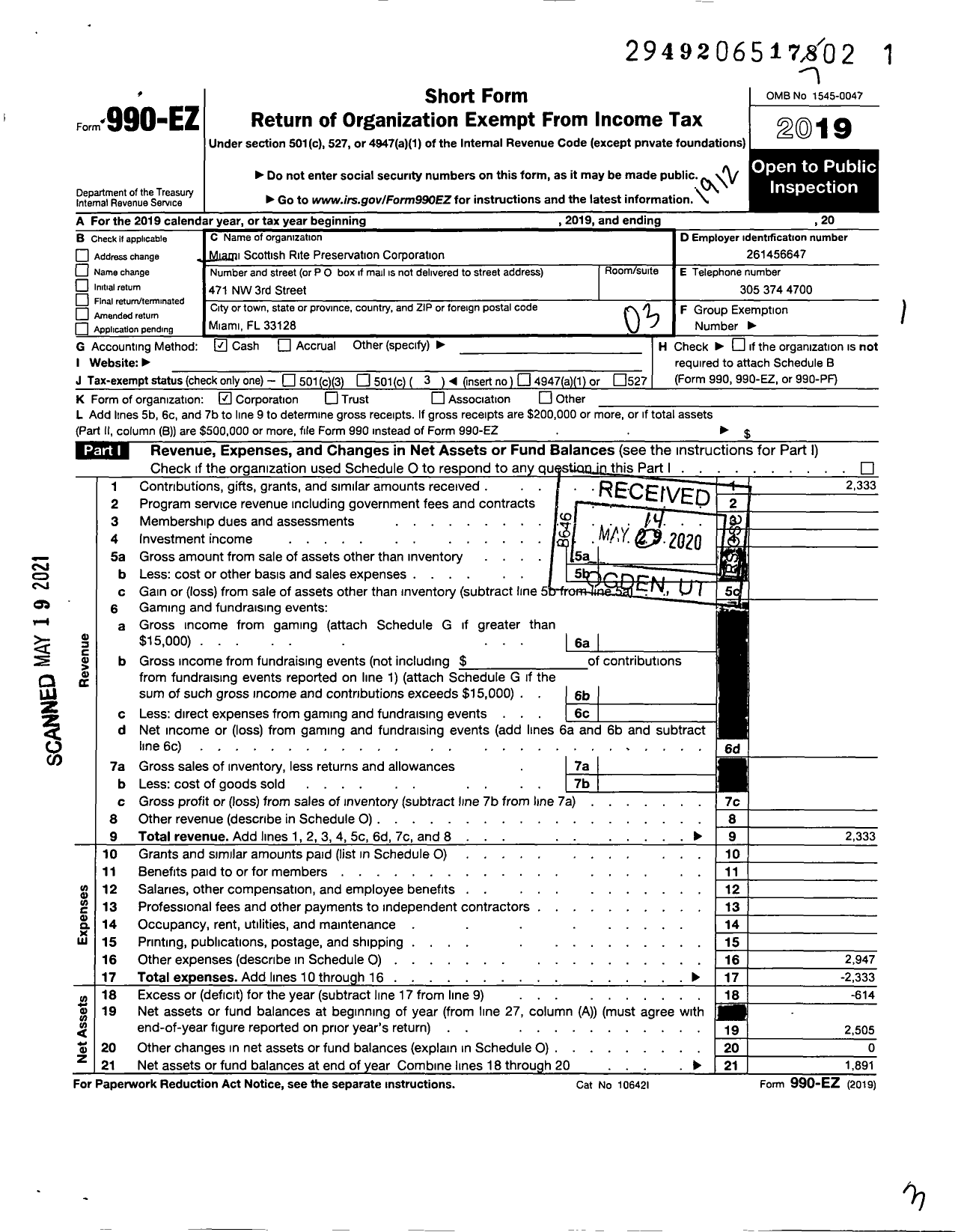 Image of first page of 2019 Form 990EZ for Miami Scottish Rite Center Preservation Corporation