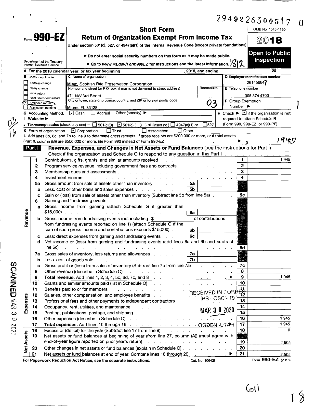 Image of first page of 2018 Form 990EZ for Miami Scottish Rite Center Preservation Corporation