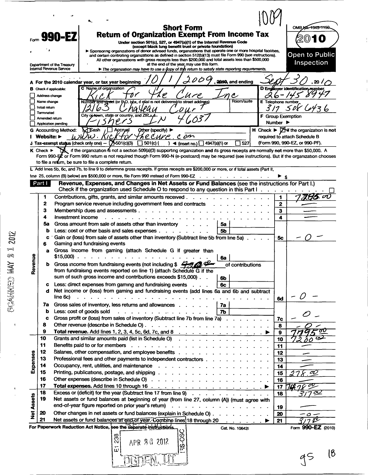 Image of first page of 2009 Form 990EZ for Kick for the Cure