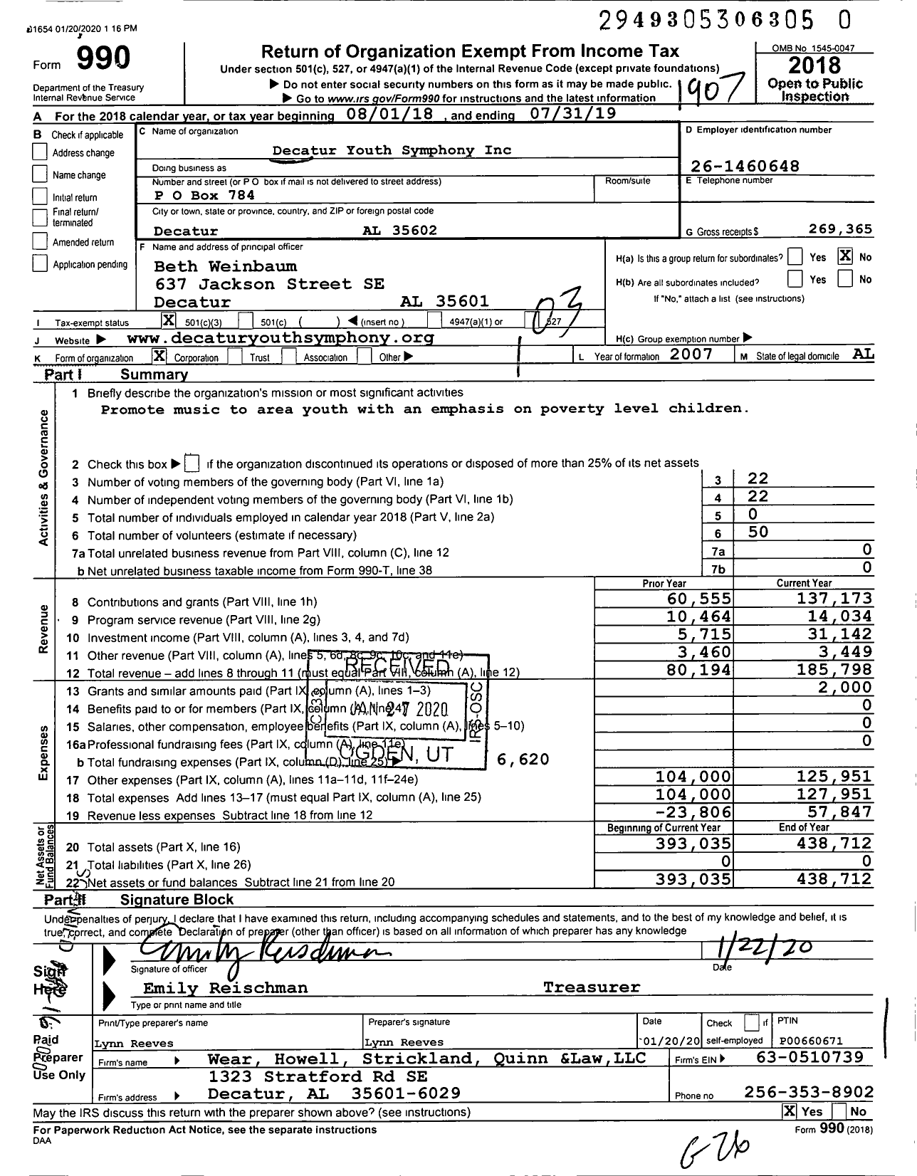 Image of first page of 2018 Form 990 for Decatur Youth Symphony