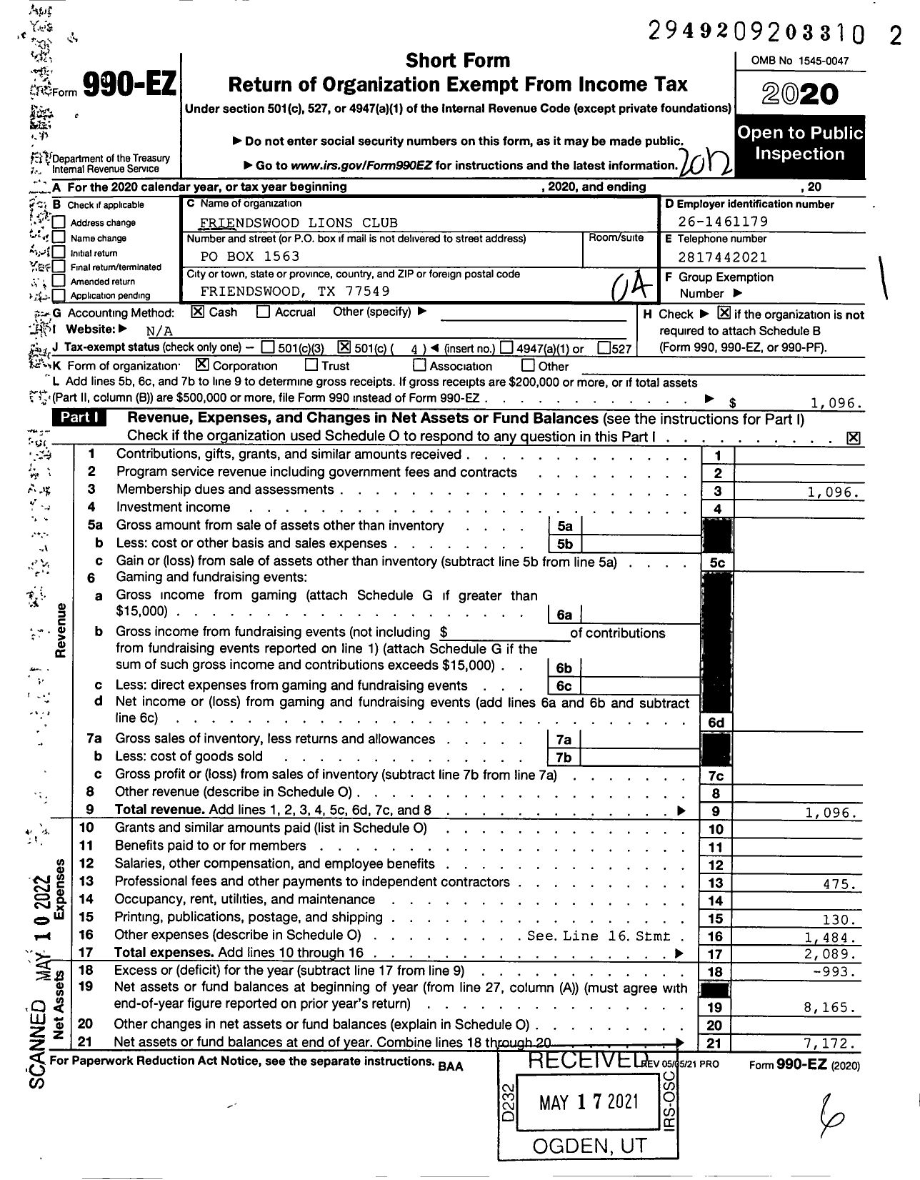 Image of first page of 2020 Form 990EO for International Association of Lions Clubs / 100315 Friendswood