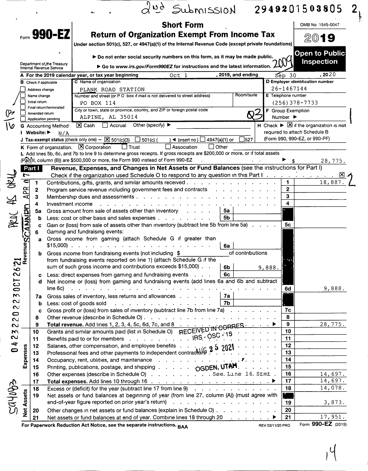 Image of first page of 2019 Form 990EZ for Plank Road Station