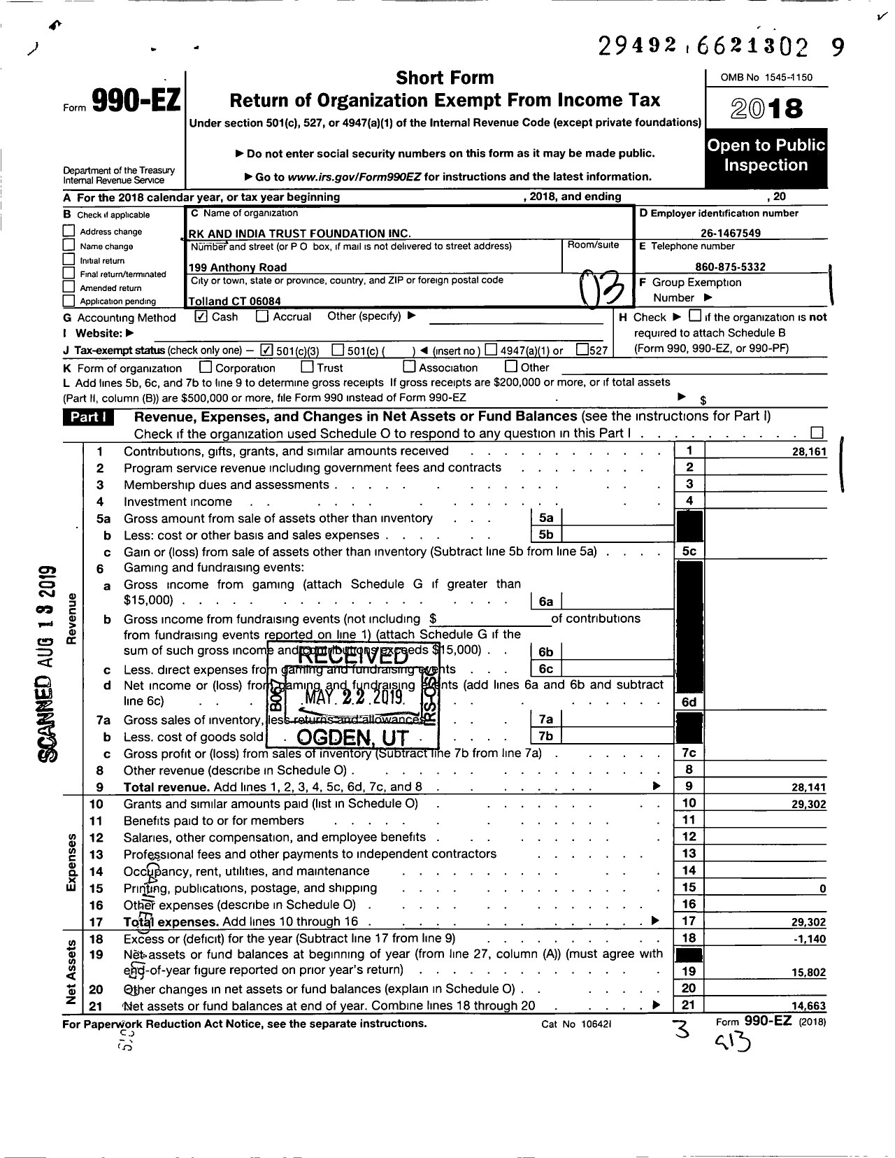 Image of first page of 2018 Form 990EZ for RK and India Trusts Foundation