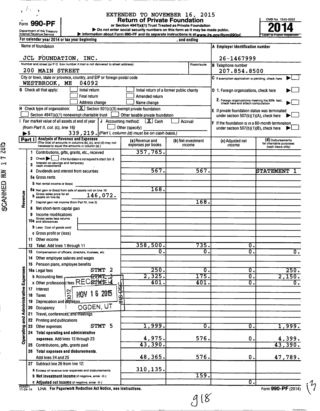 Image of first page of 2014 Form 990PF for JCL Foundation