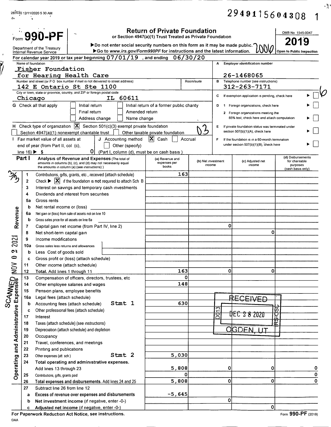 Image of first page of 2019 Form 990PF for Fisher Foundation for Hearing Health Care