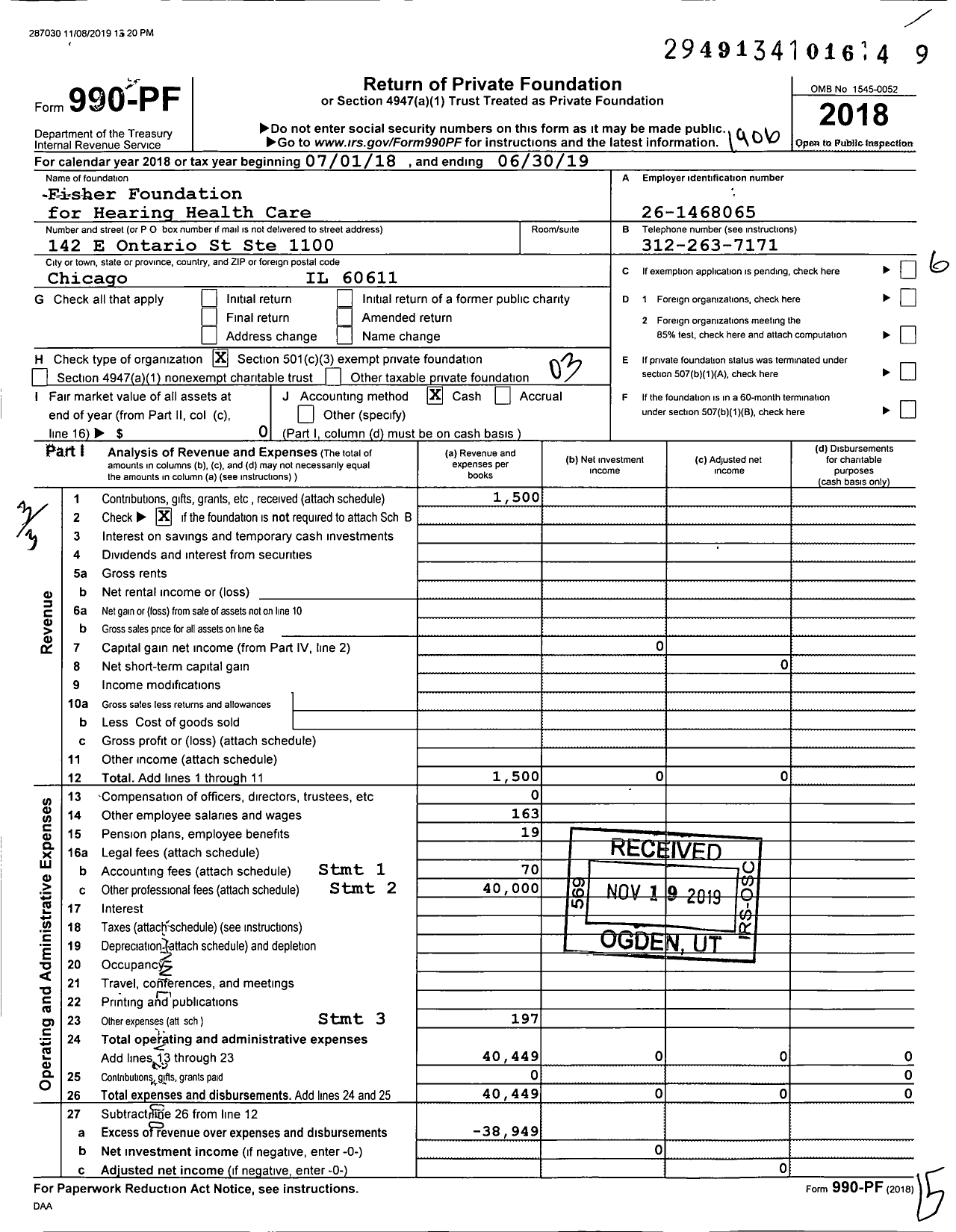 Image of first page of 2018 Form 990PF for Fisher Foundation for Hearing Health Care