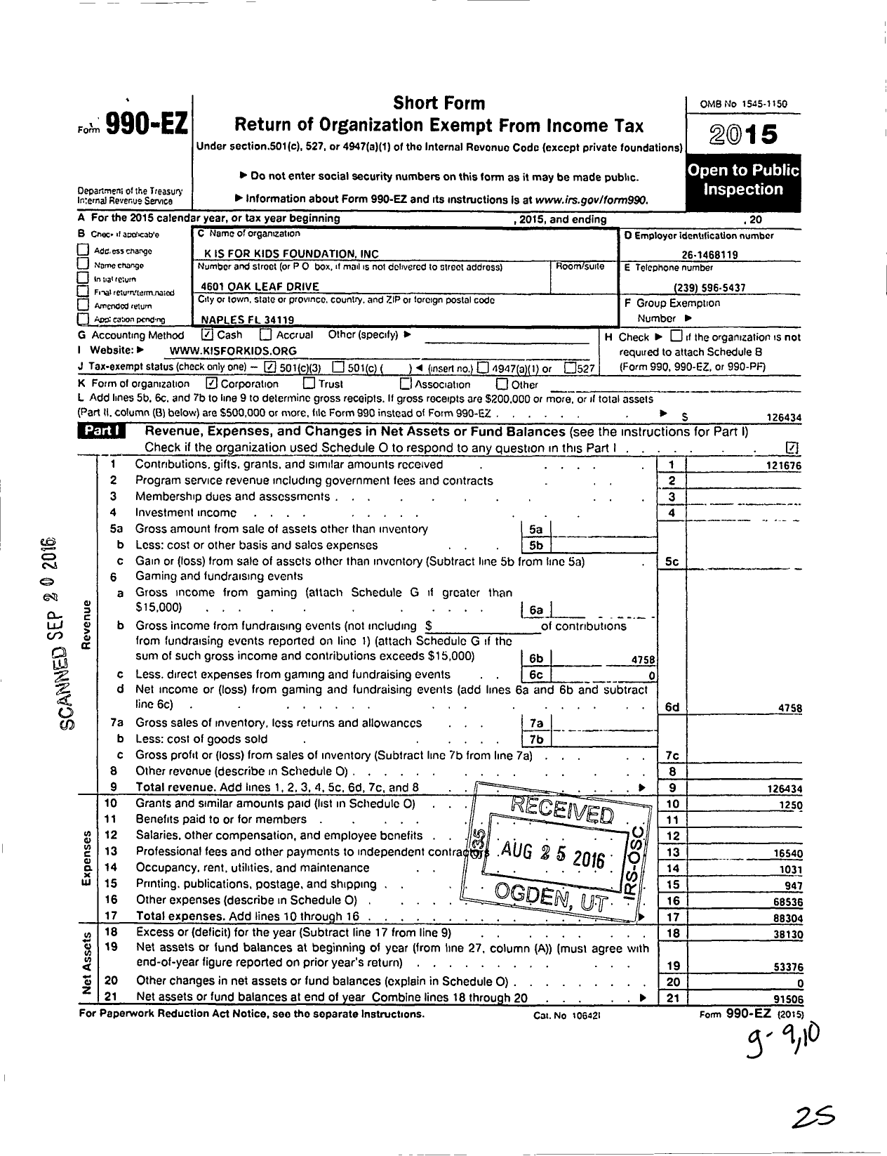 Image of first page of 2015 Form 990EZ for K Is for Kids Foundation