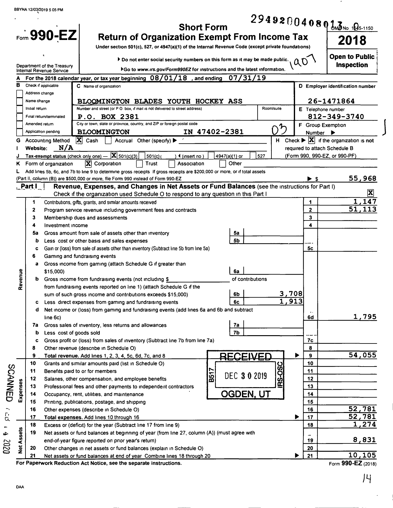 Image of first page of 2018 Form 990EZ for Bloomington Blades Youth Hockey Association (BBYHA)