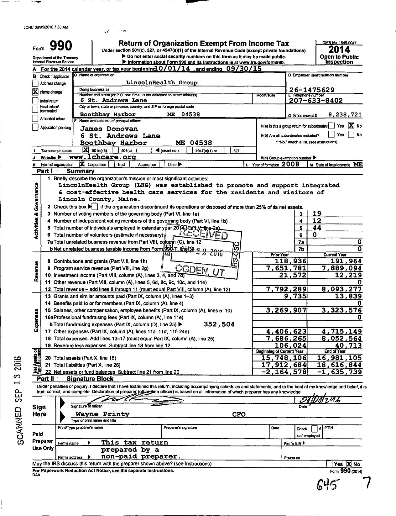 Image of first page of 2014 Form 990 for LincolnHealth Group