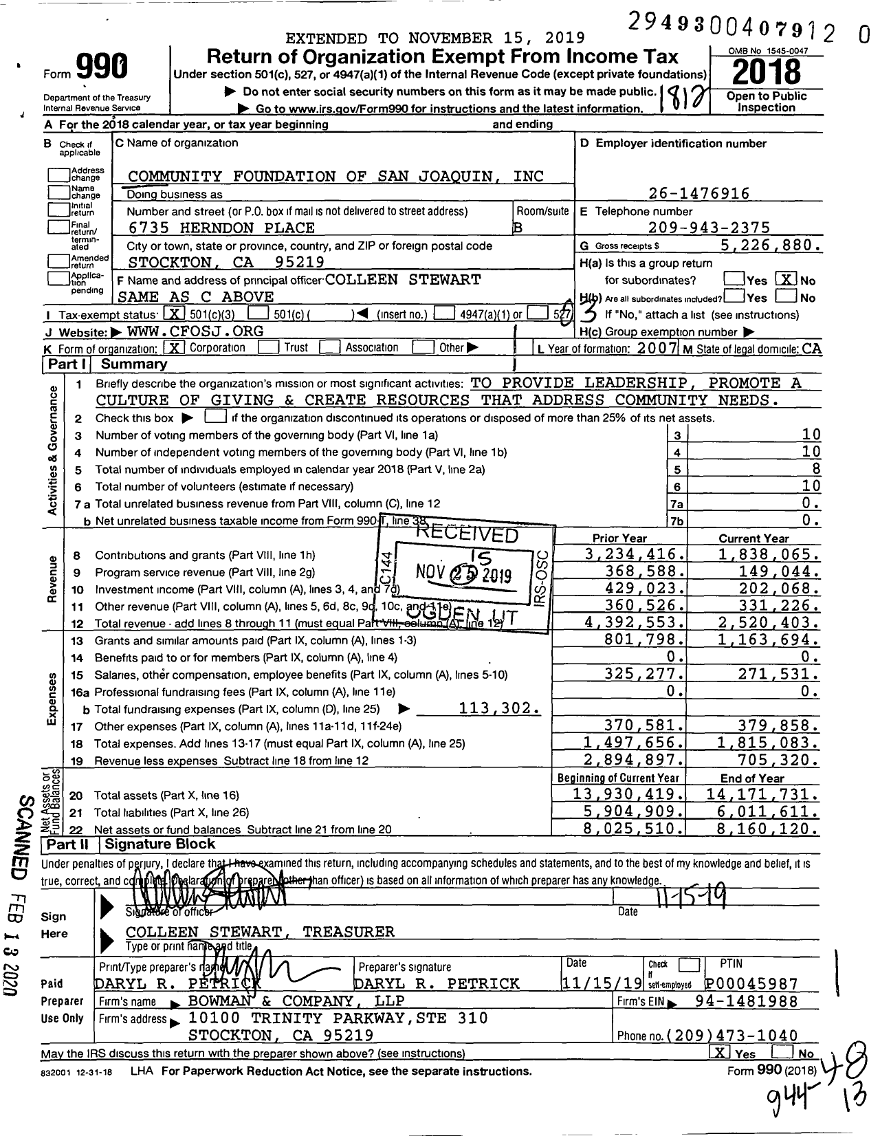 Image of first page of 2018 Form 990 for San Joaquin Community Foundation (CFOSJ)