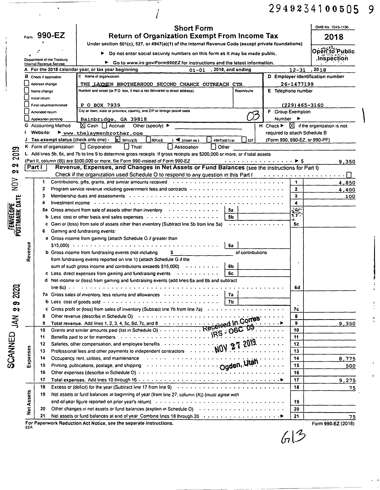 Image of first page of 2018 Form 990EZ for The Laymen Brotherhood Second Chance Outreach Center