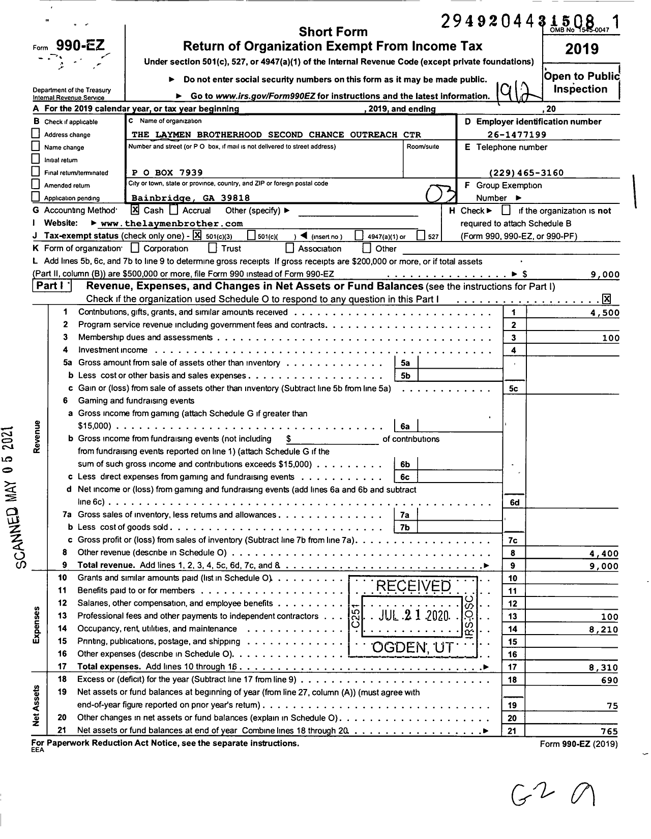 Image of first page of 2019 Form 990EZ for The Laymen Brotherhood Second Chance Outreach Center