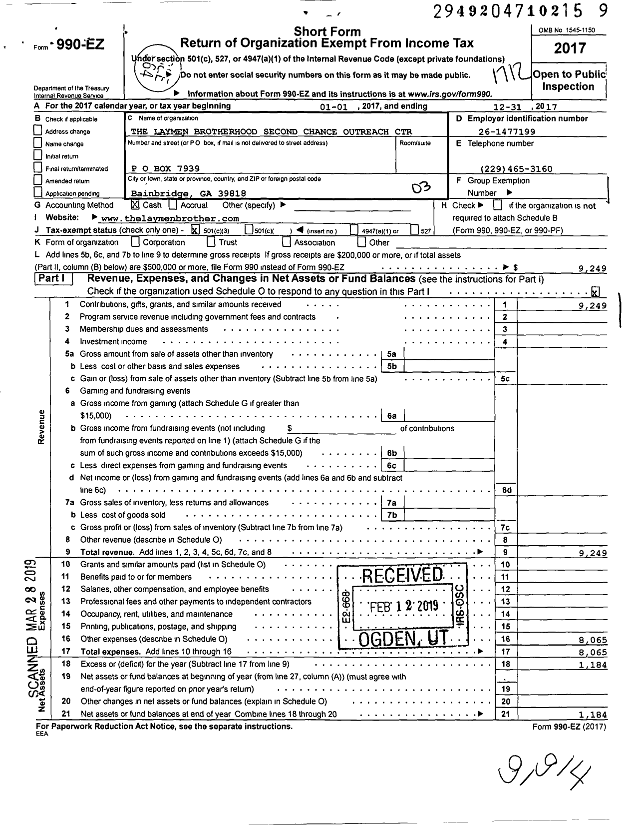 Image of first page of 2017 Form 990EZ for The Laymen Brotherhood Second Chance Outreach Center