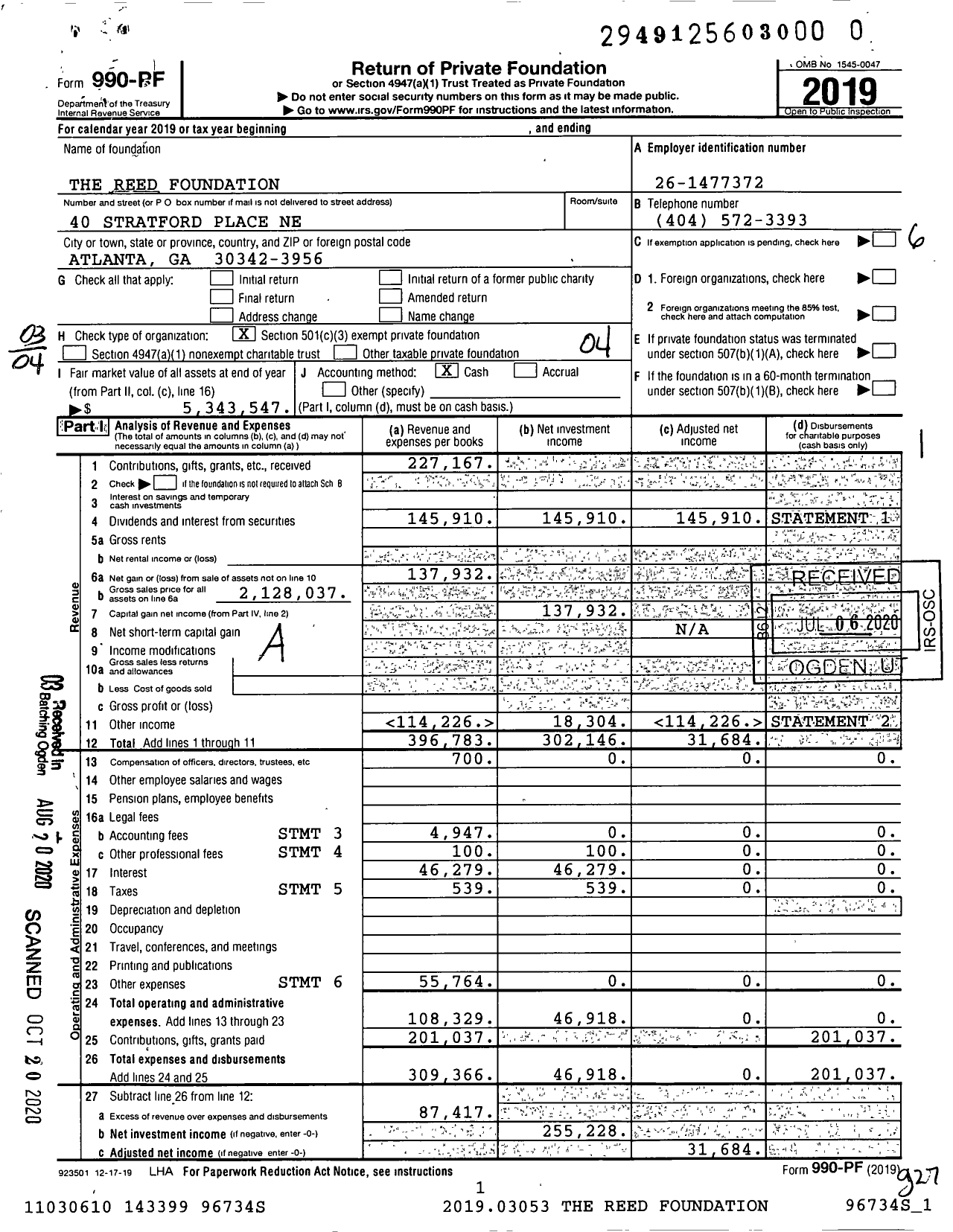 Image of first page of 2019 Form 990PR for The Reed Foundation