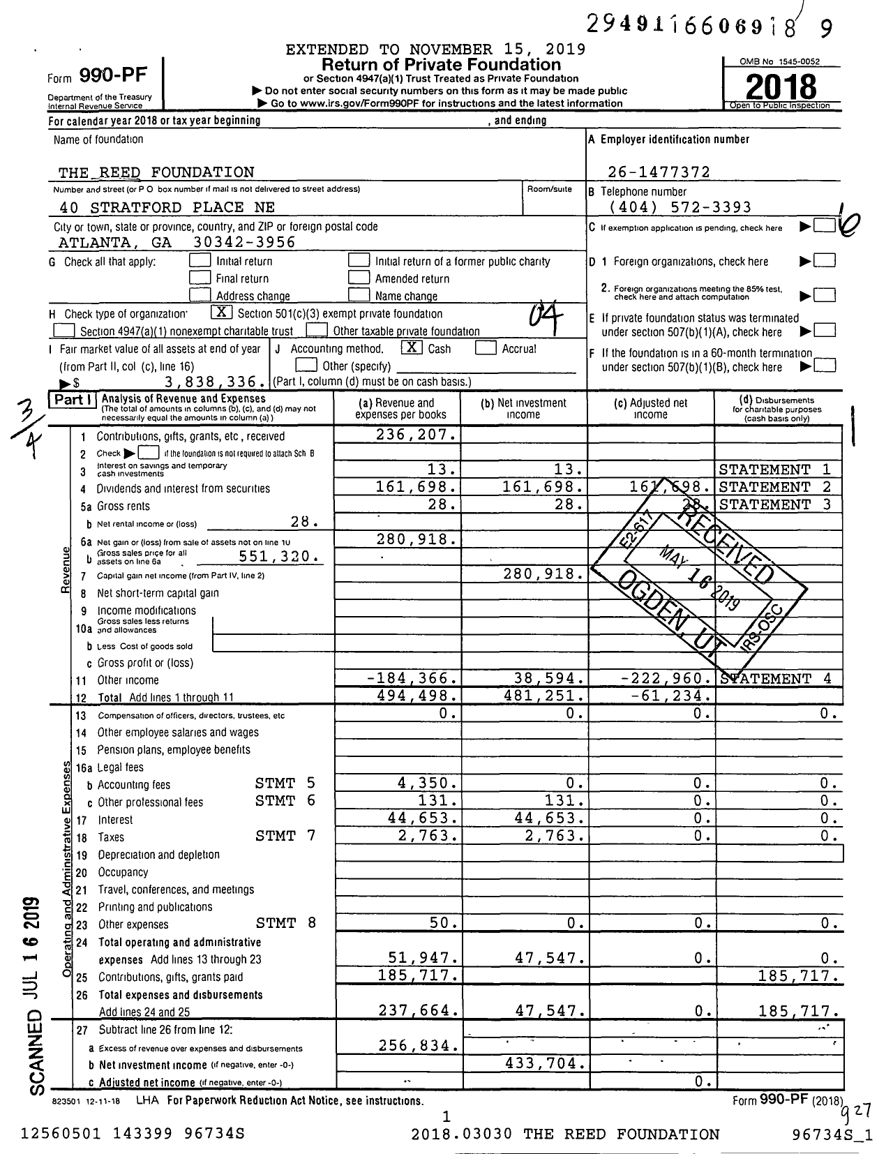 Image of first page of 2018 Form 990PF for The Reed Foundation