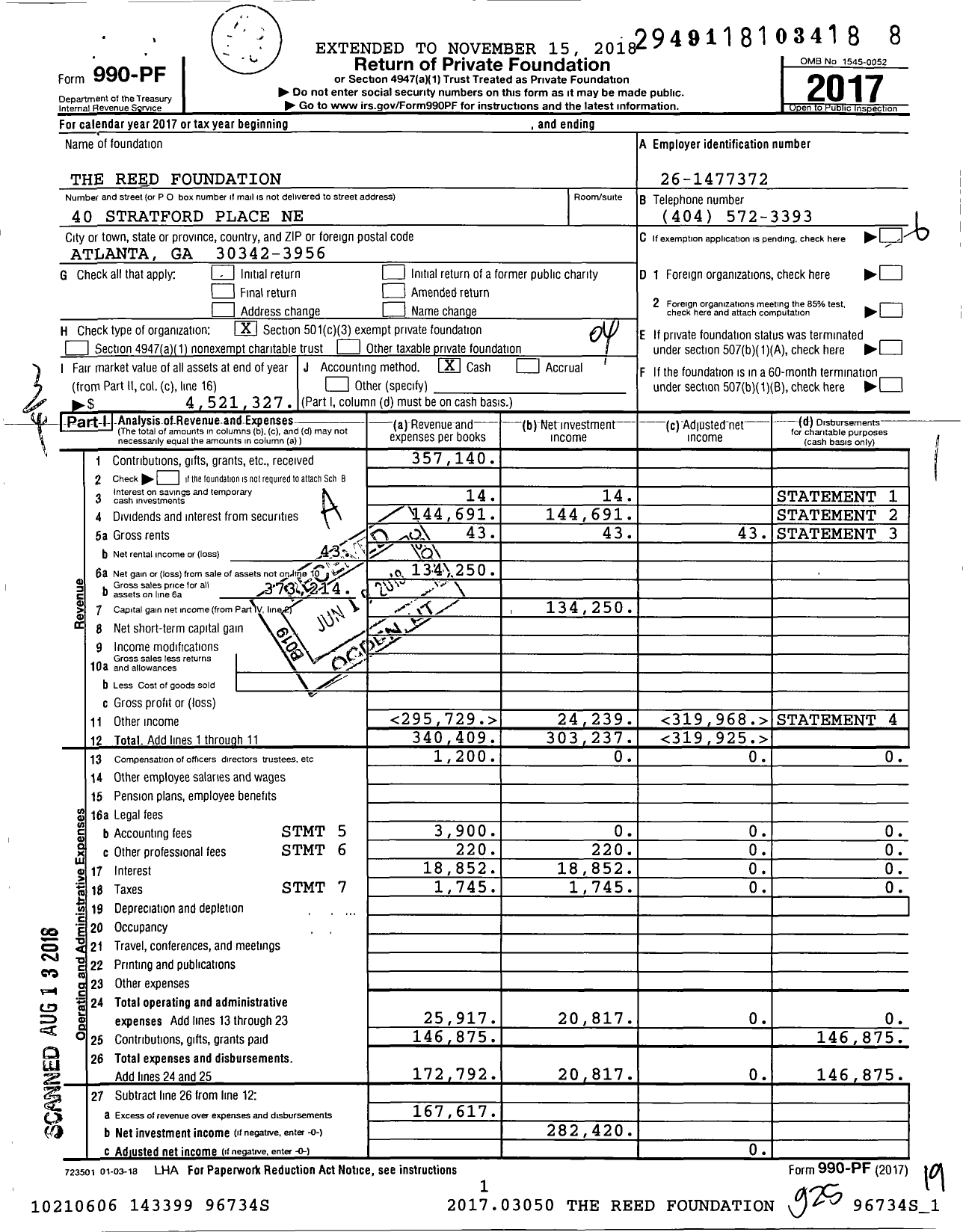 Image of first page of 2017 Form 990PF for The Reed Foundation