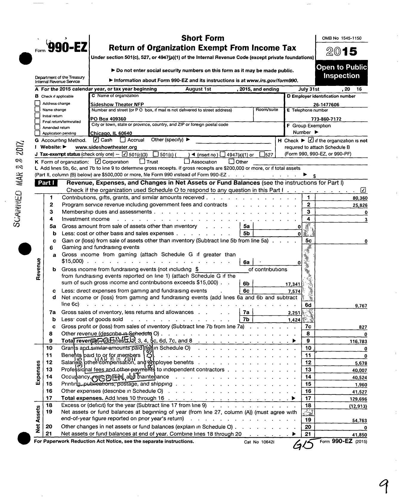 Image of first page of 2015 Form 990EZ for Sideshow Theatre NFP