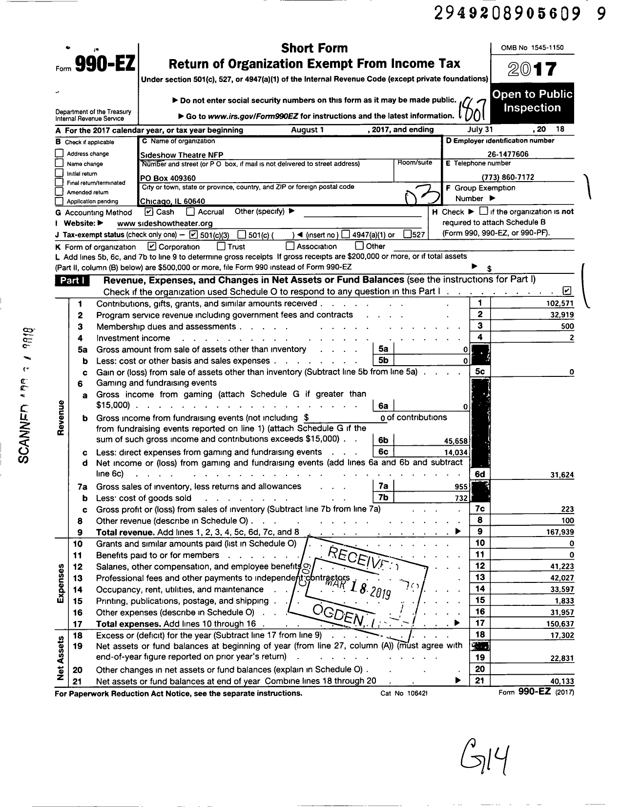 Image of first page of 2017 Form 990EZ for Sideshow Theatre NFP