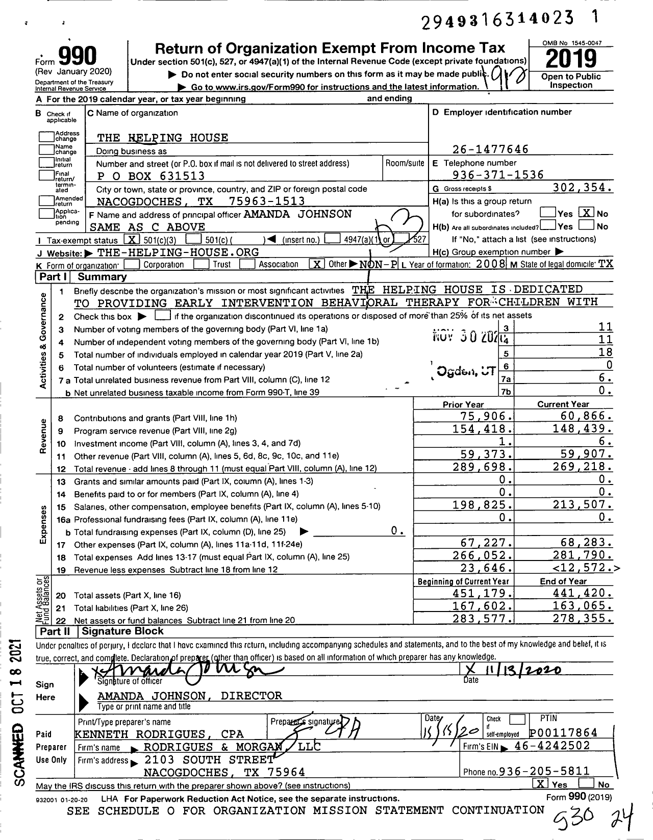 Image of first page of 2019 Form 990 for The Helping House