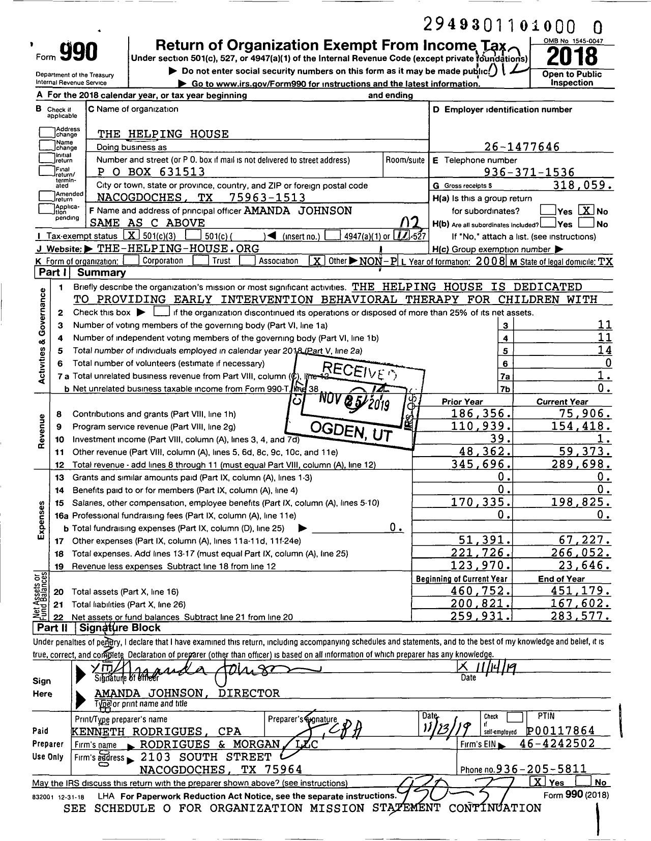 Image of first page of 2018 Form 990 for The Helping House