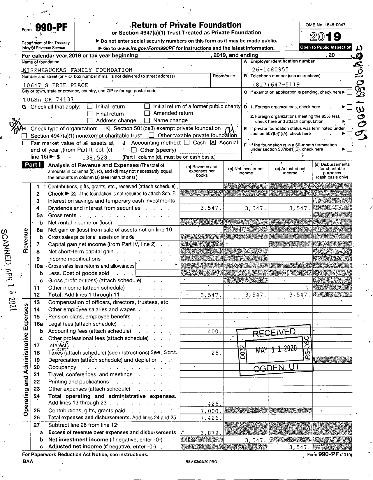 Image of first page of 2019 Form 990PF for Wiszneauckas Family Foundation