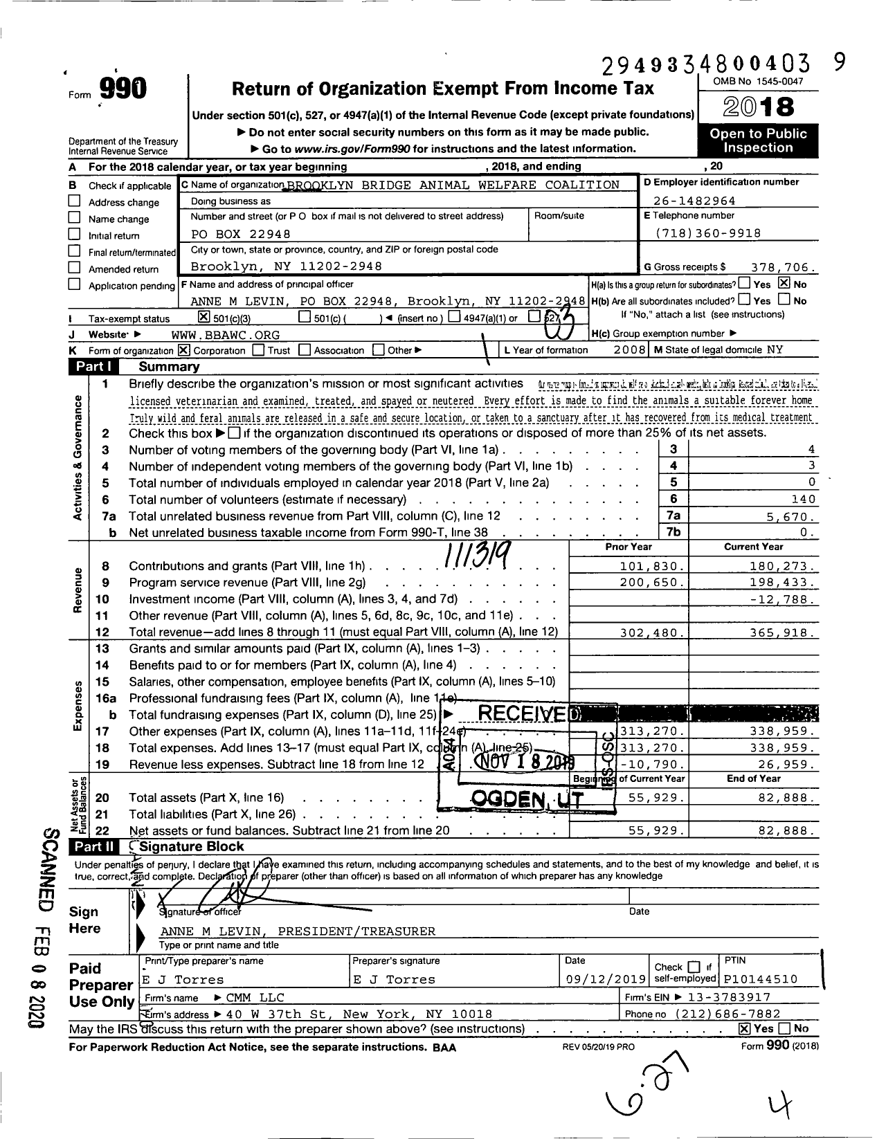 Image of first page of 2018 Form 990 for Brooklyn Bridge Animal Welfare Coalition