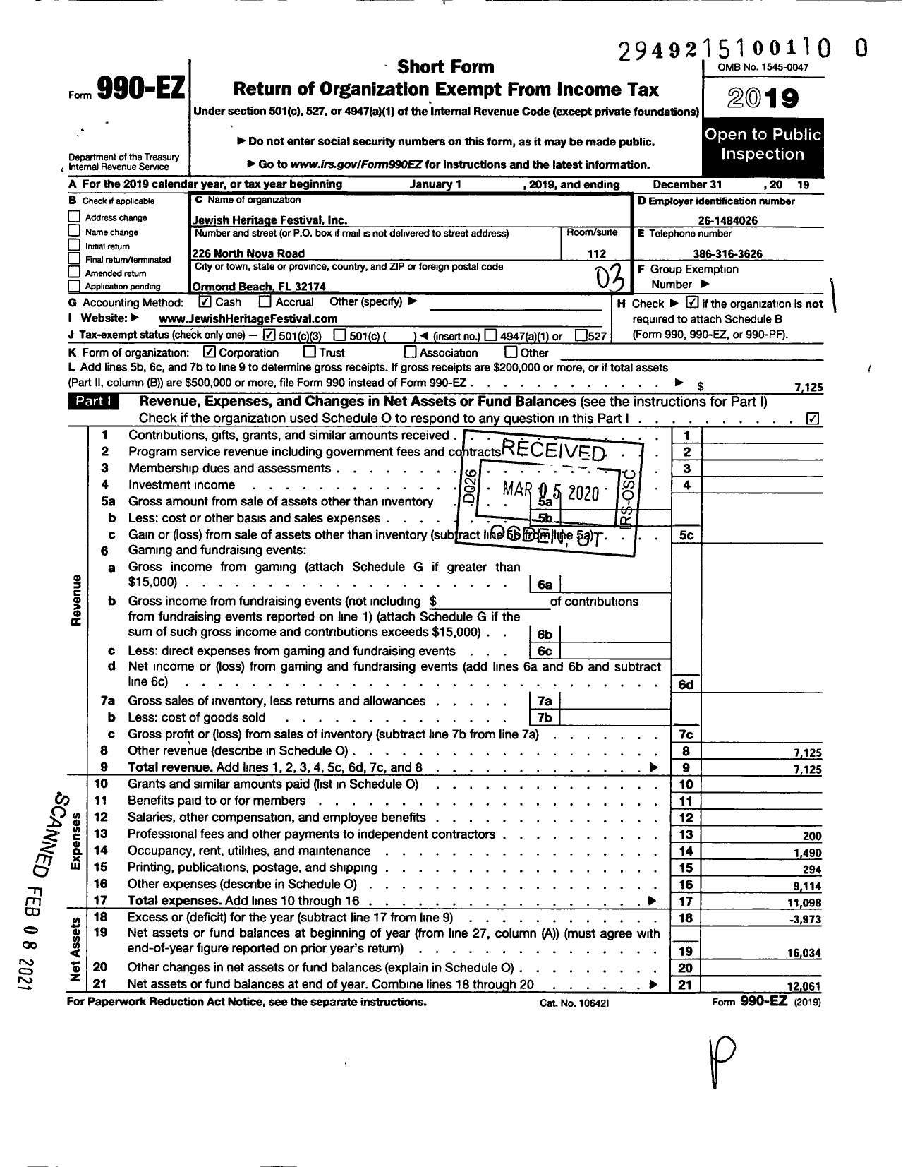 Image of first page of 2019 Form 990EZ for Jewish Heritage Festival