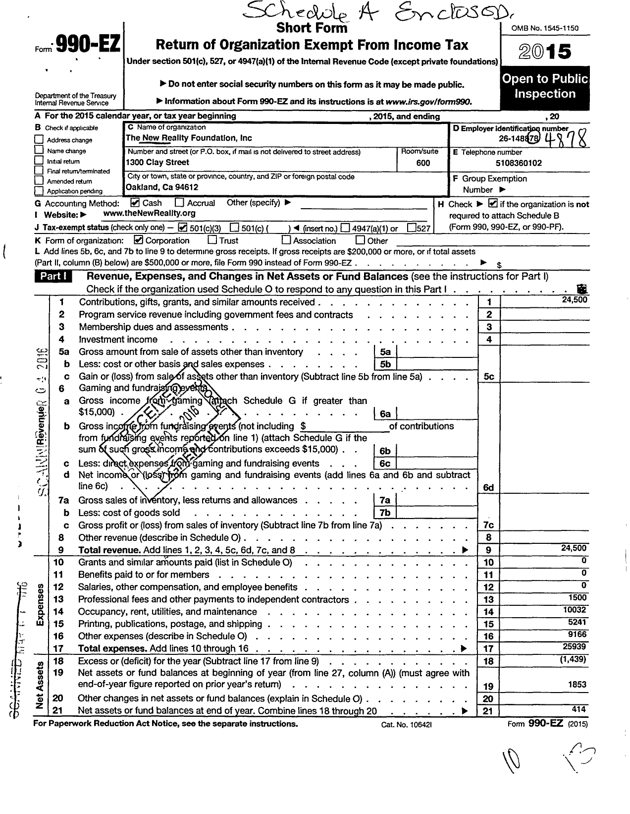 Image of first page of 2015 Form 990EZ for The New Reality Foundation