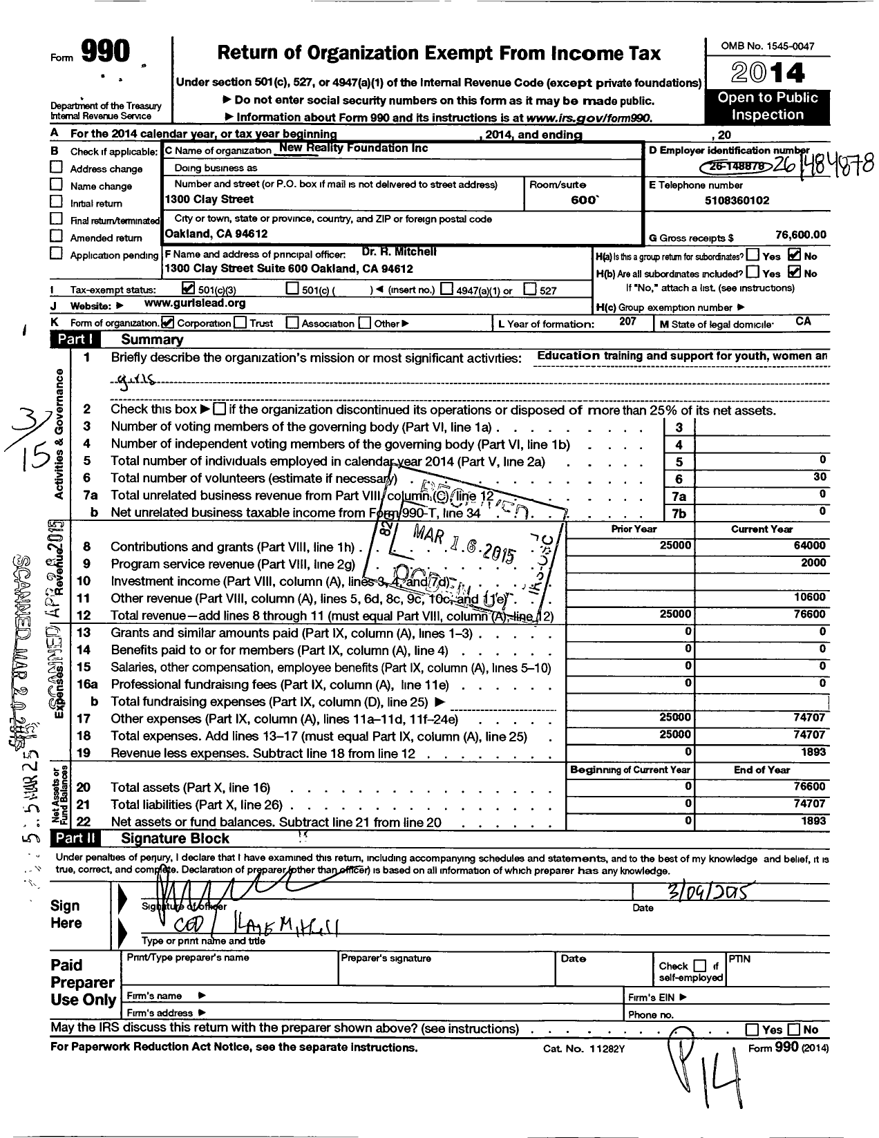 Image of first page of 2014 Form 990 for The New Reality Foundation