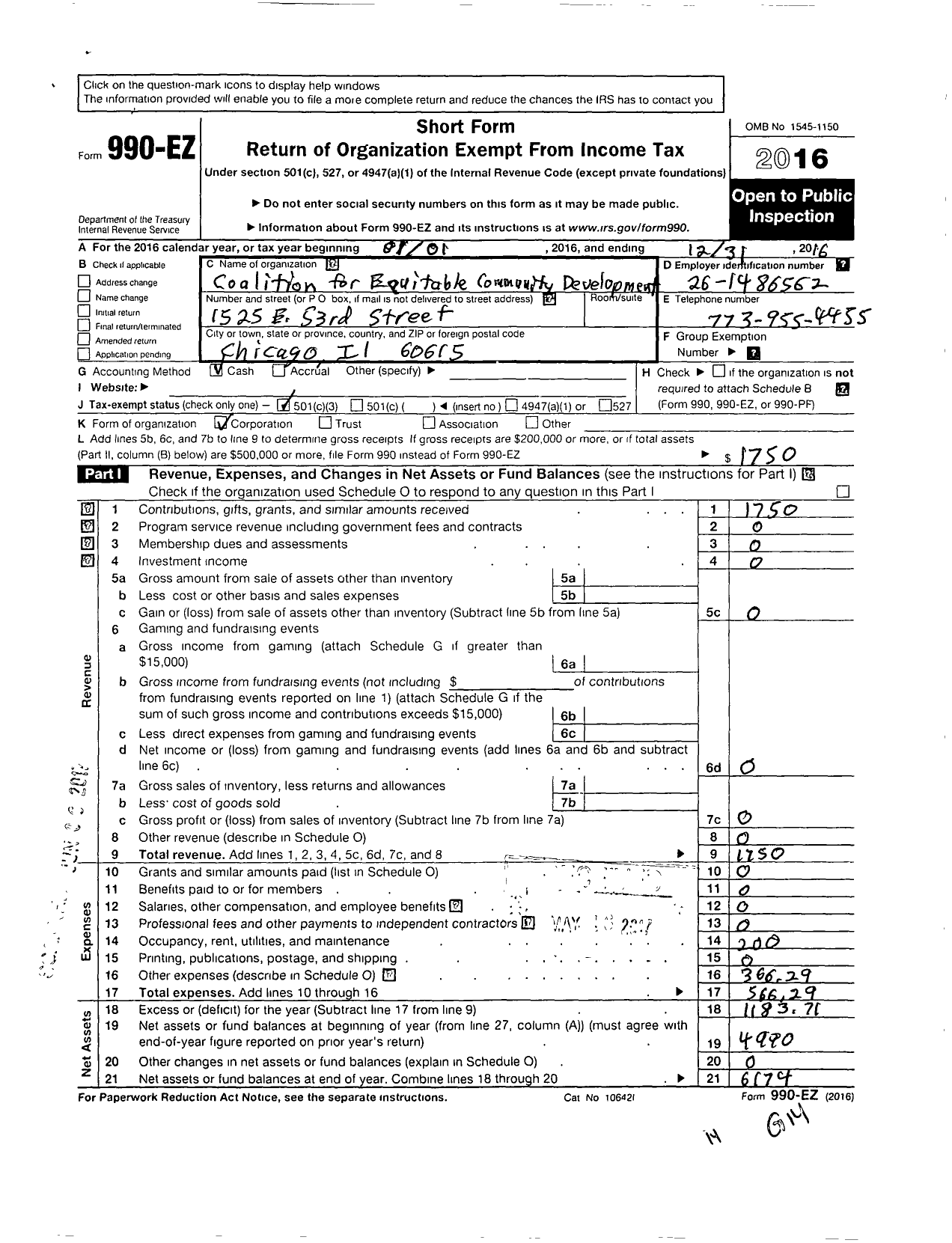 Image of first page of 2016 Form 990EZ for Coalition for Equitable Community Development NFP