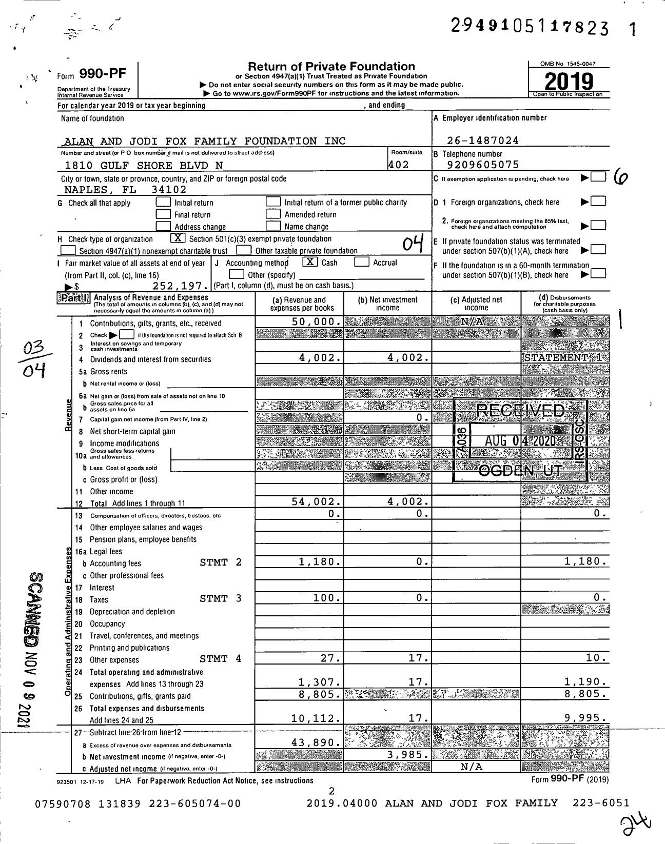 Image of first page of 2019 Form 990PF for Alan and Jodi Fox Family Foundation