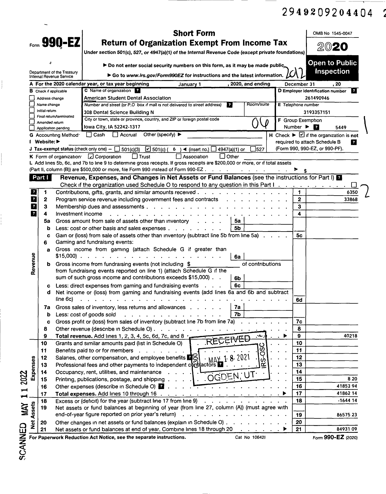 Image of first page of 2020 Form 990EO for American Student Dental Association / Iowa Asda