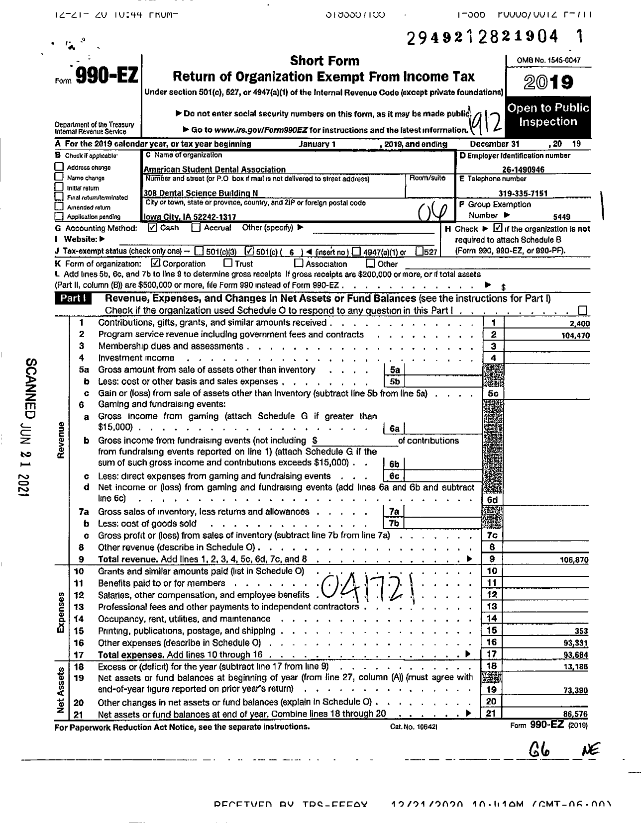 Image of first page of 2019 Form 990EO for American Student Dental Association / Iowa Asda