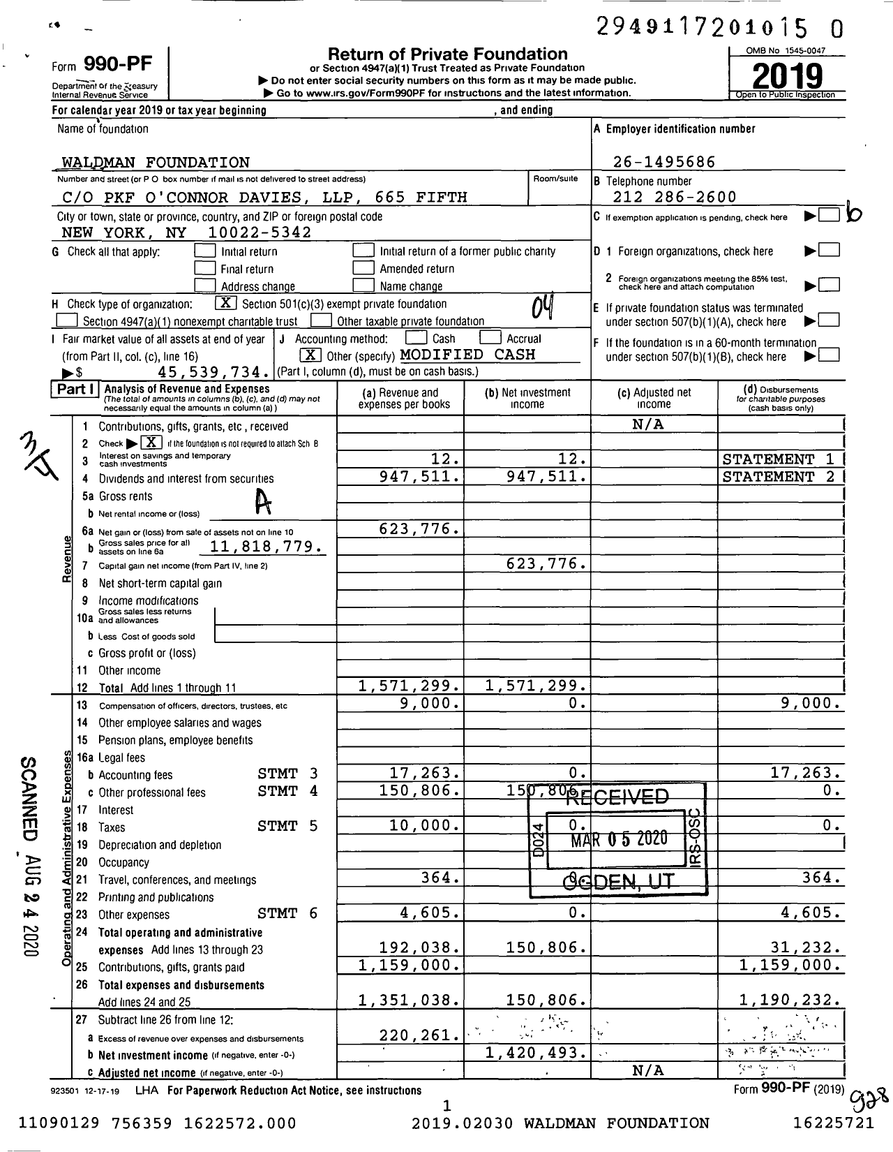 Image of first page of 2019 Form 990PR for Waldman Foundation