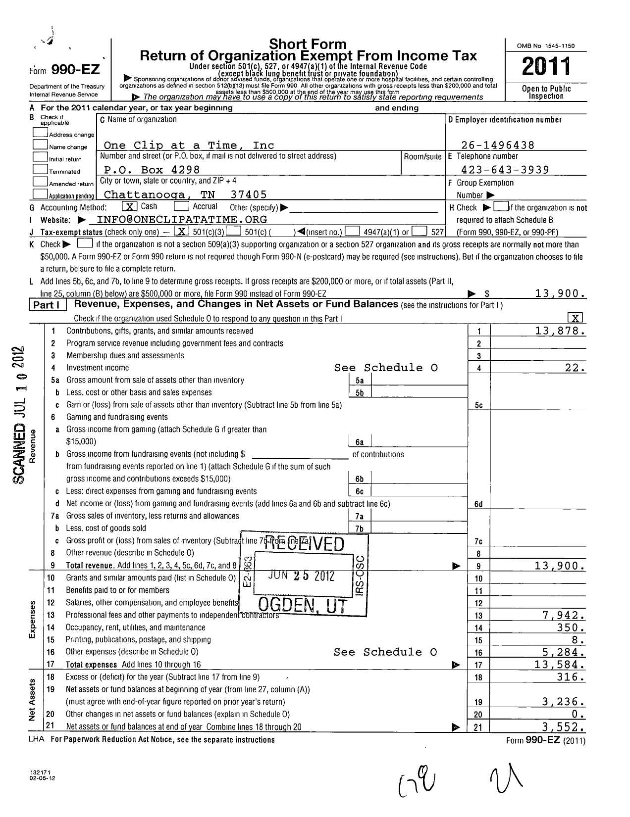 Image of first page of 2011 Form 990EZ for One Clip at a Time