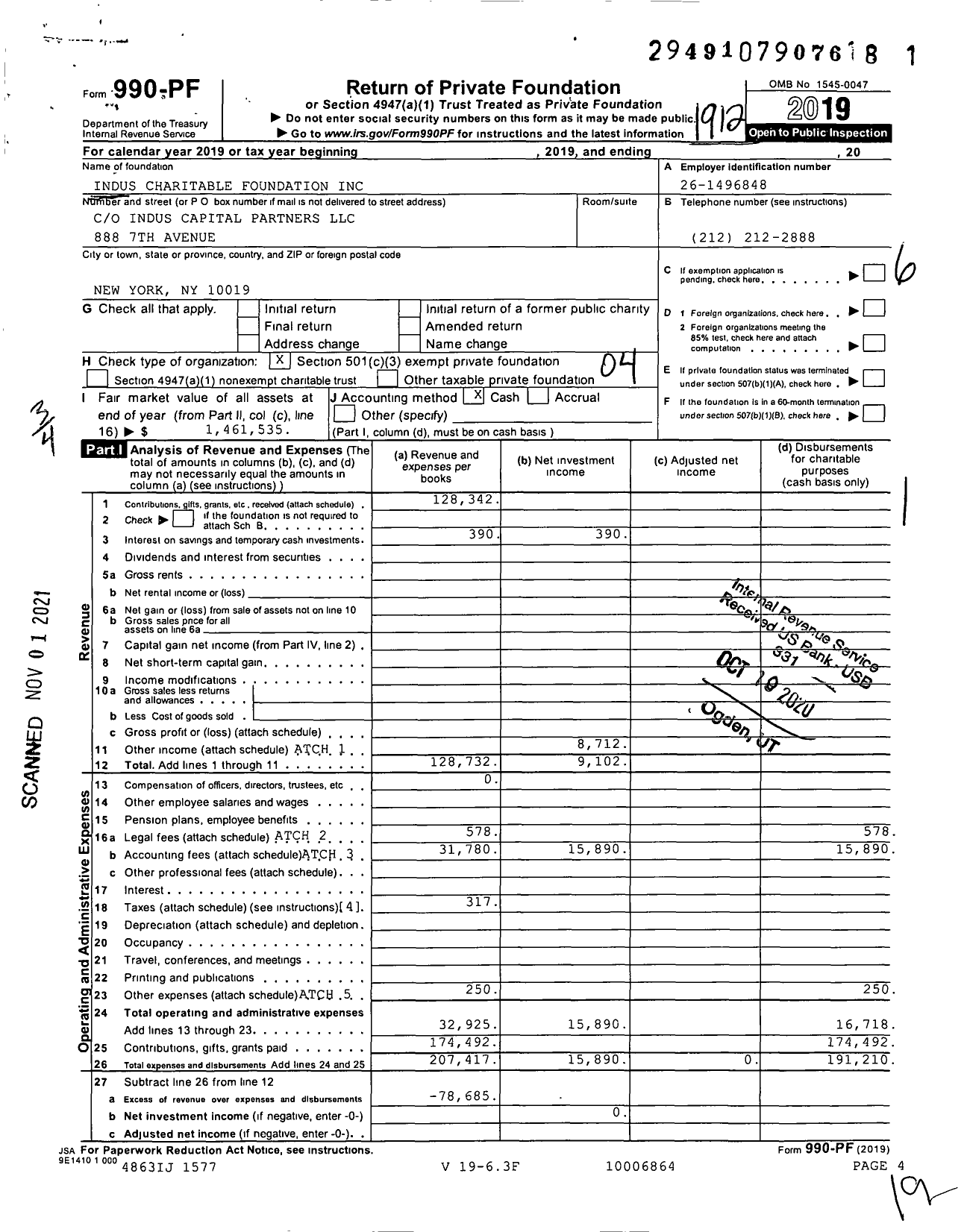 Image of first page of 2019 Form 990PF for Indus Charitable Foundation