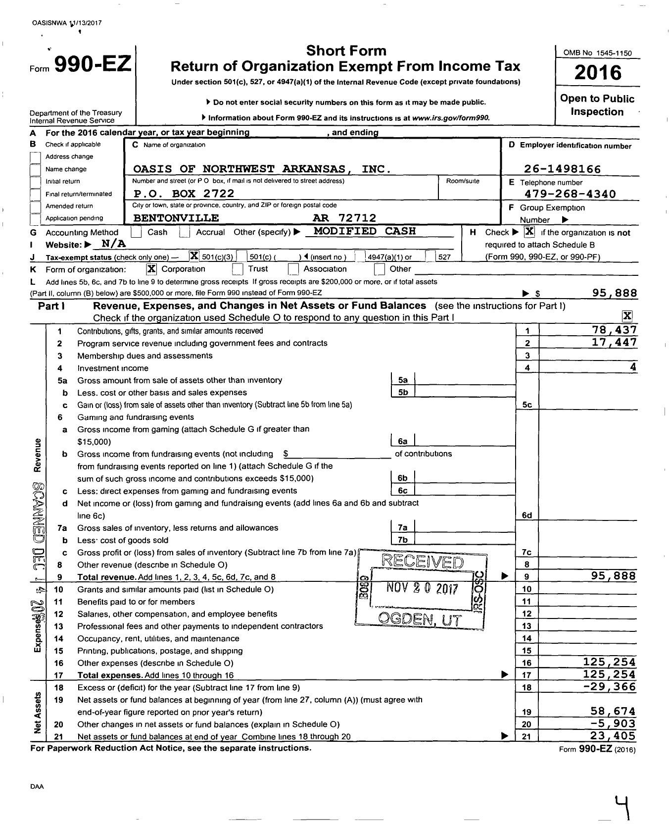 Image of first page of 2016 Form 990EZ for Oasis of Northwest Arkansas