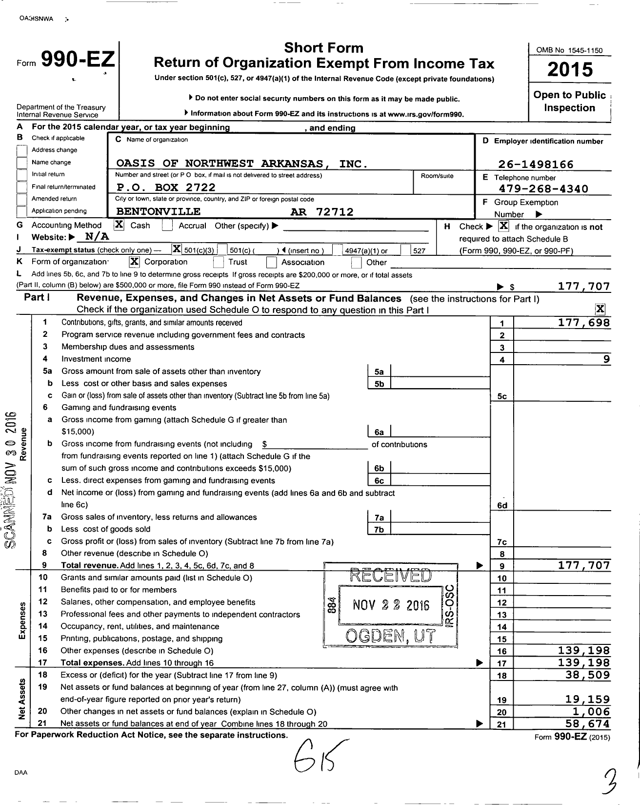 Image of first page of 2015 Form 990EZ for Oasis of Northwest Arkansas