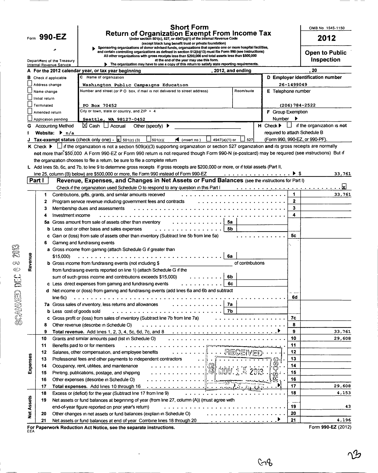 Image of first page of 2012 Form 990EZ for Fix Democracy First Education Fund