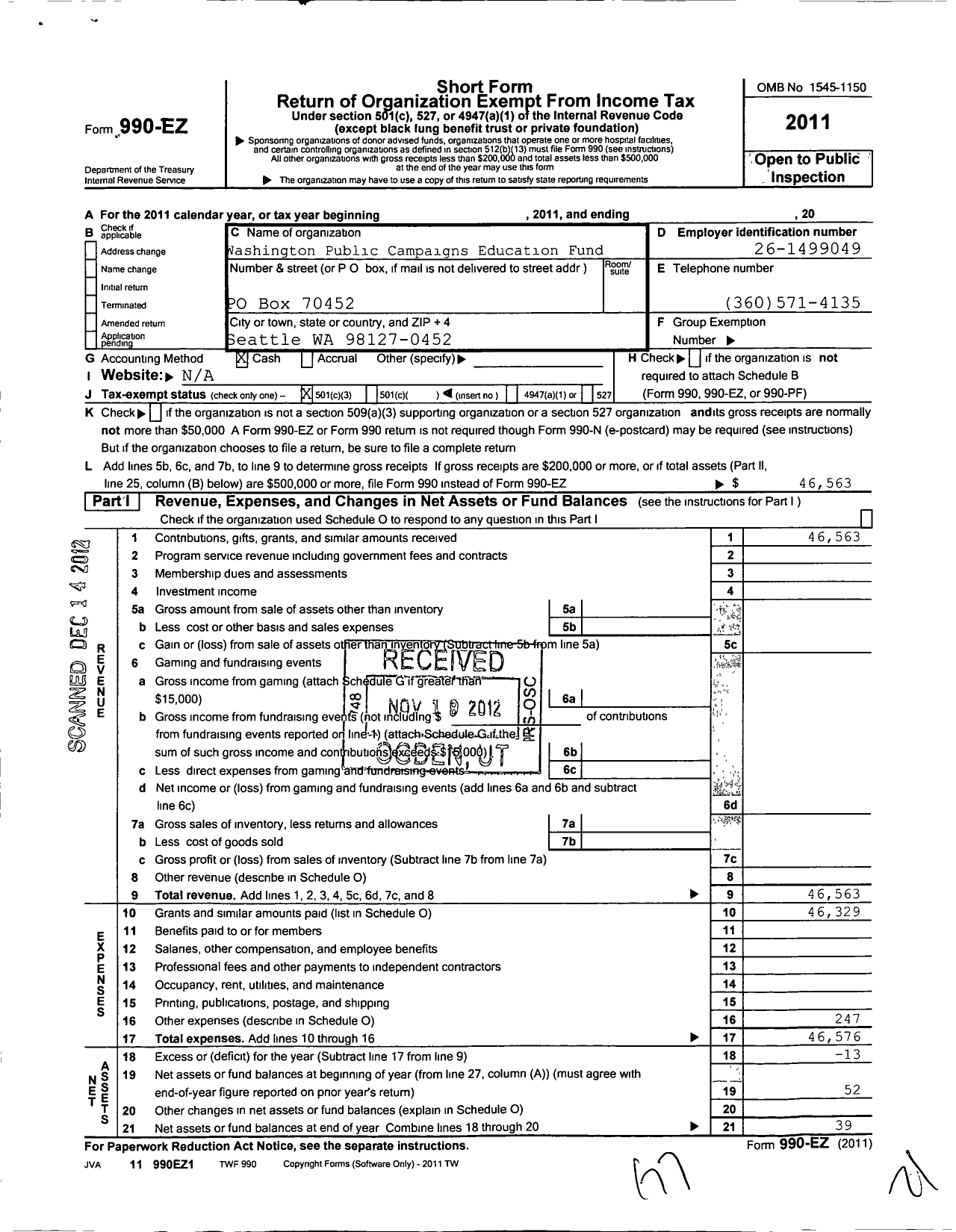 Image of first page of 2011 Form 990EZ for Fix Democracy First Education Fund