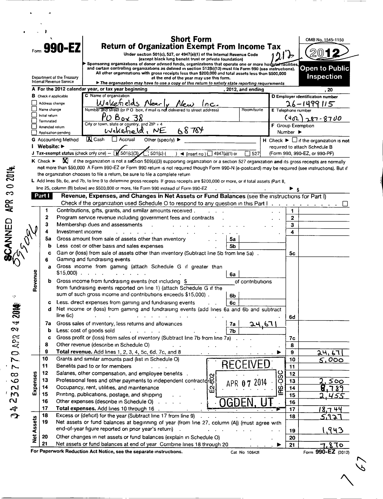 Image of first page of 2012 Form 990EZ for Wakefields Nearly New