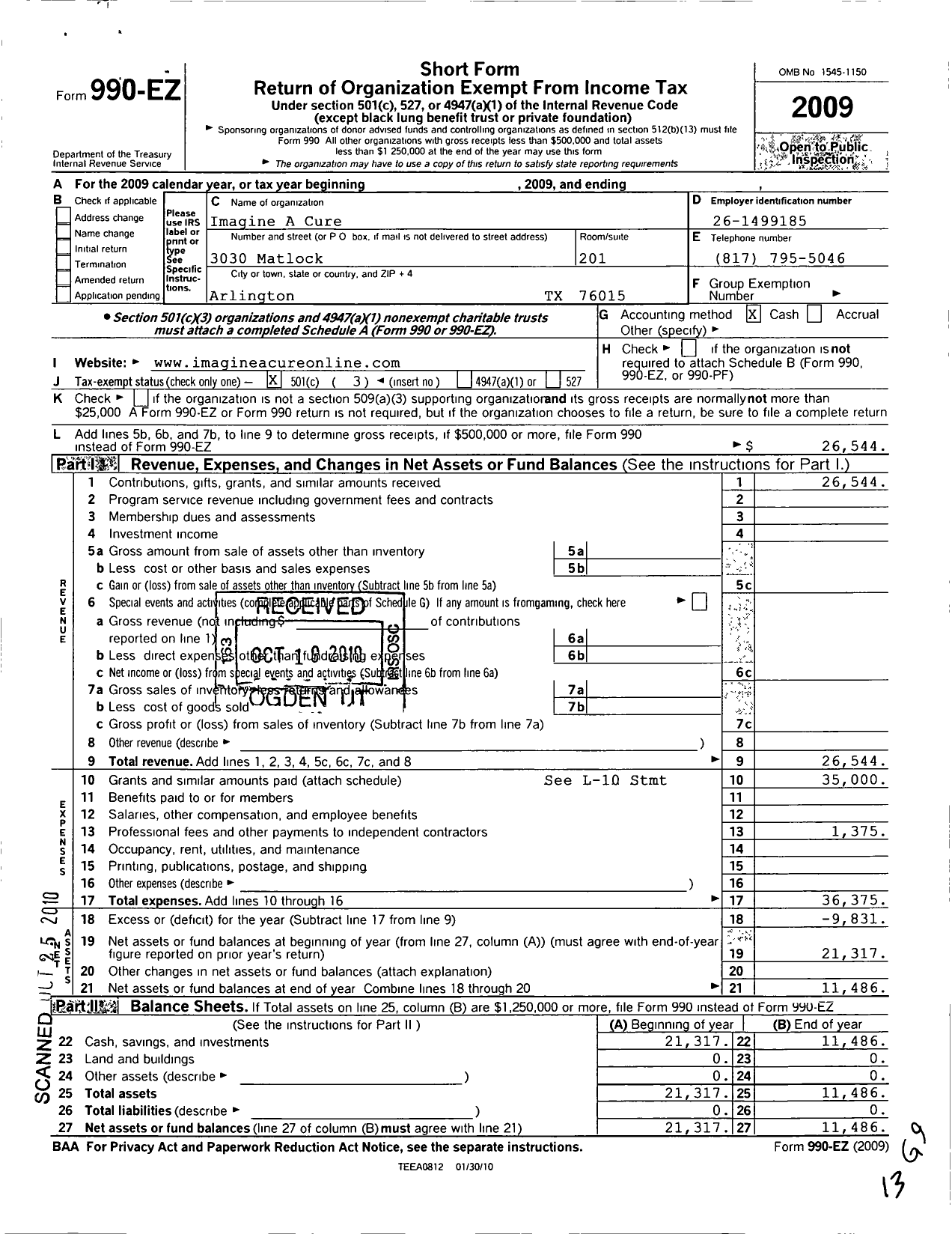 Image of first page of 2009 Form 990EZ for Imagine A Cure