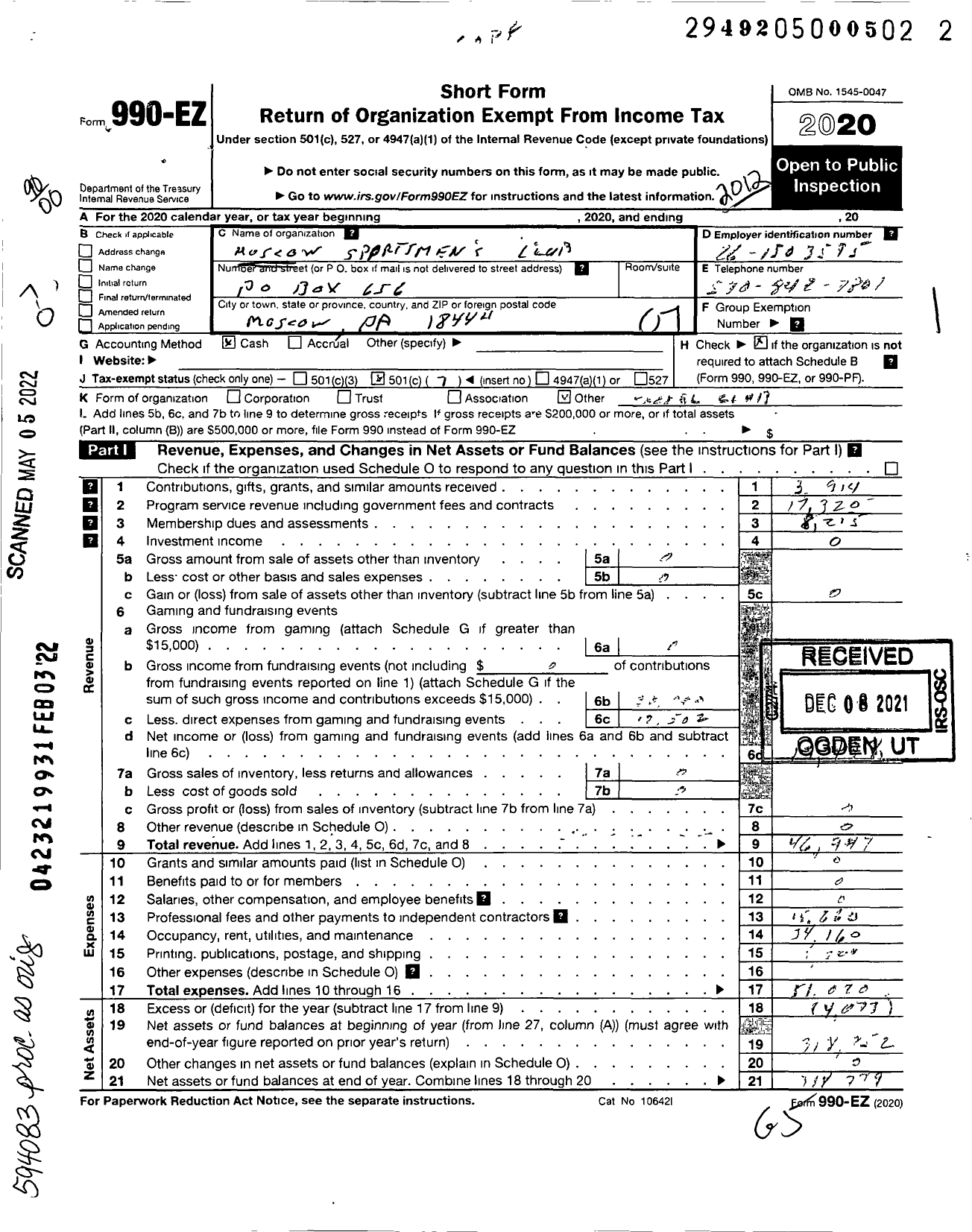 Image of first page of 2020 Form 990EO for Moscow Sportsmens Club