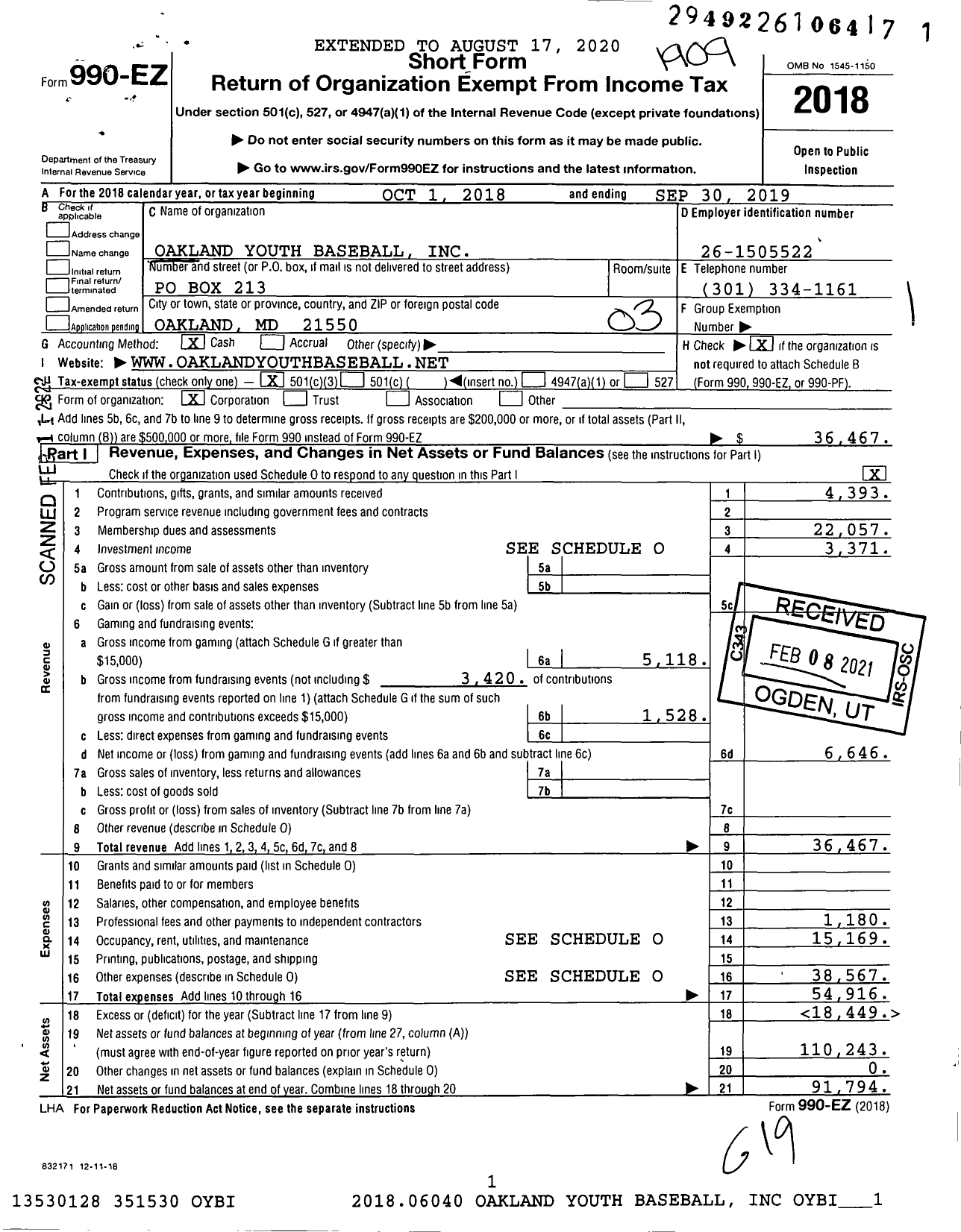 Image of first page of 2018 Form 990EZ for Oakland Youth Baseball