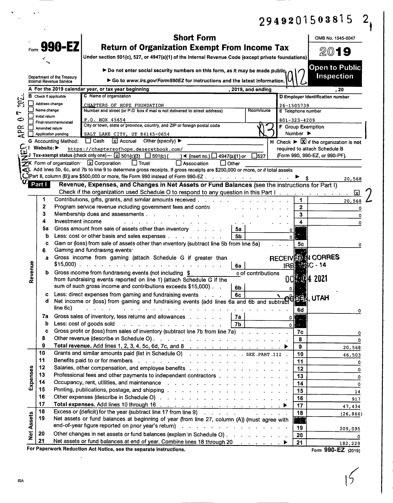 Image of first page of 2019 Form 990EZ for Chapters of Hope Foundation