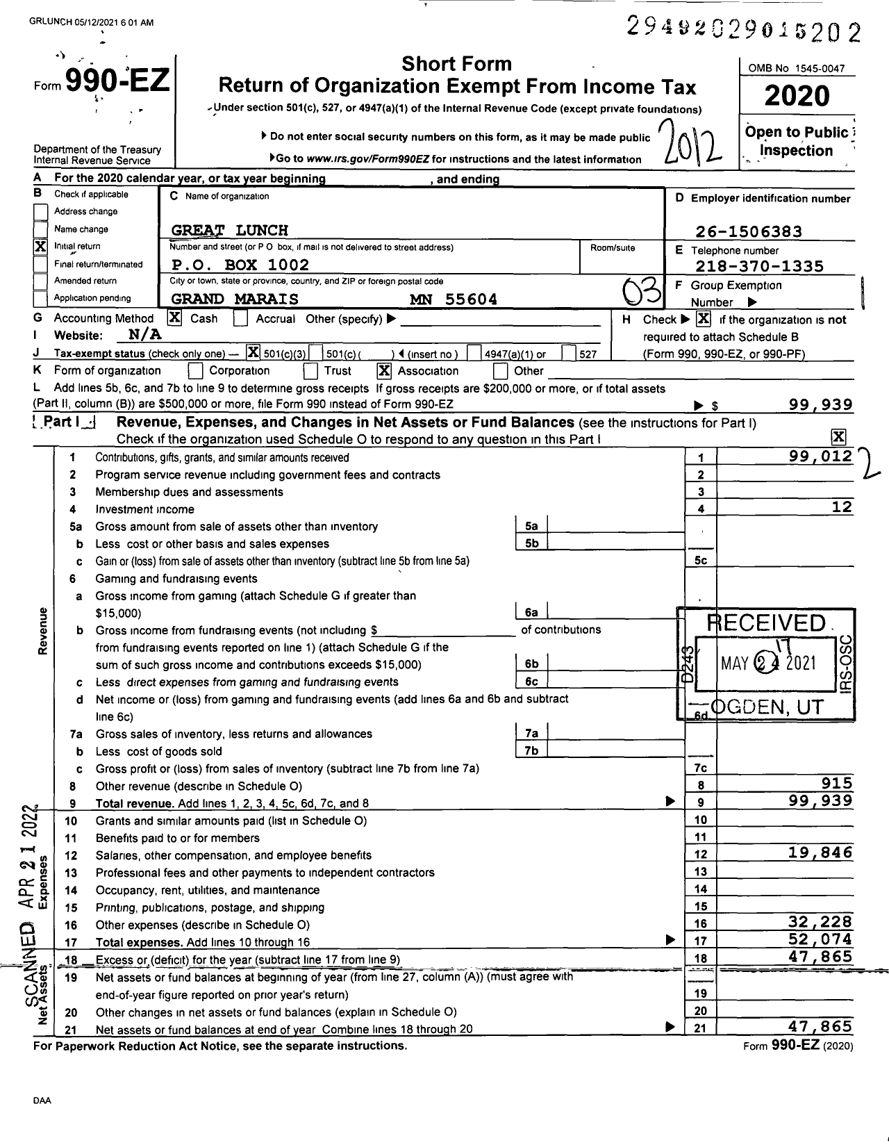 Image of first page of 2020 Form 990EZ for Great Lunch